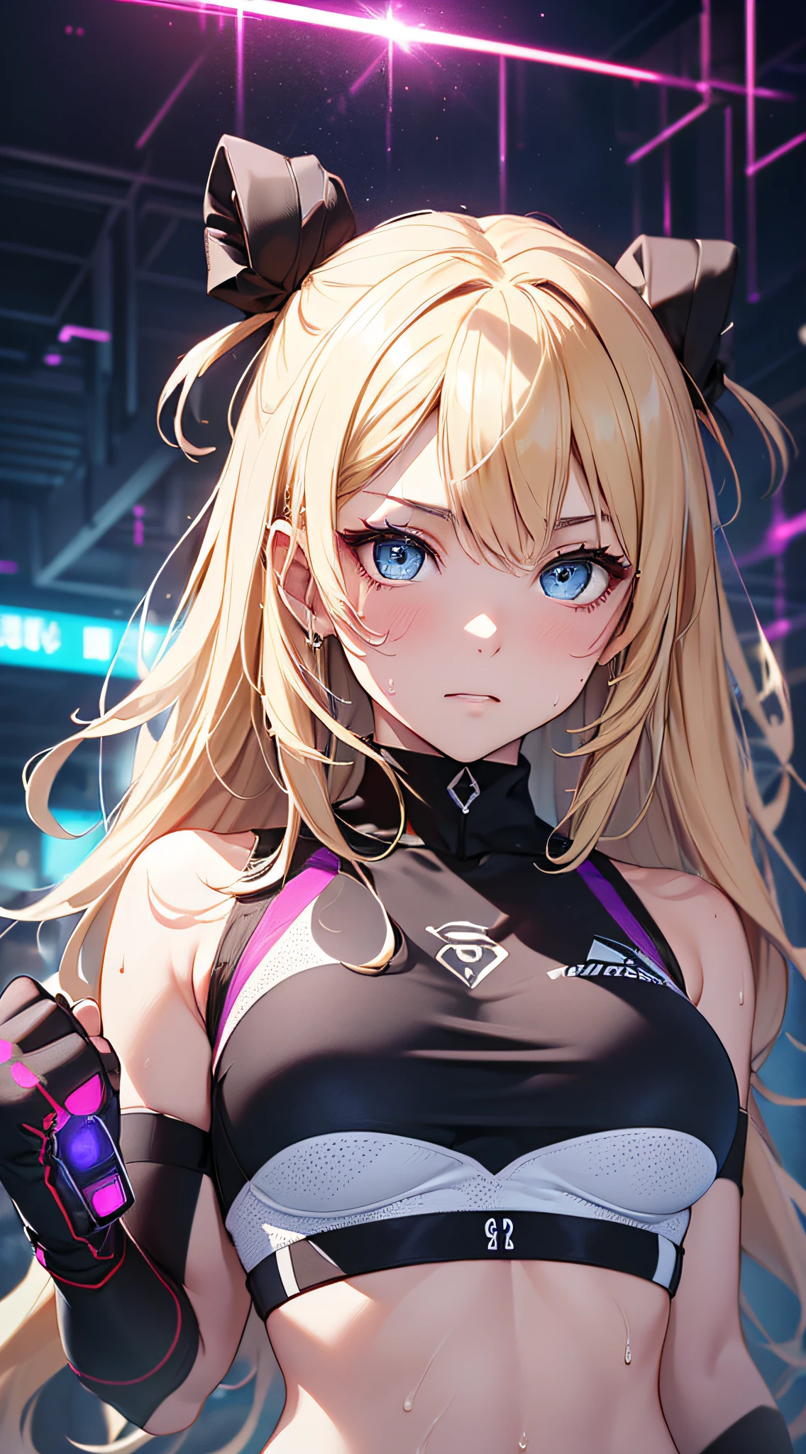top-quality、Top image quality、masterpiece、girl with((cute little、18year old、Best Bust、Medium bust、Bust 85,Beautiful blue eyes、Breasts wide open,Blonde long hair、A slender、Middle knot、Black Sports Bra、White short skirt,Reflecting the whole body、Black perforated gloves、Sweating、Straight punch to the front、Splattering sweat))hiquality、Beautiful Art、Background with((clubhouse、Blue lighting、Purple Laser Illumination、Red laser illumination,Yellow laser illumination,fitness club、natta、Virtual Worlds)),masutepiece、Elaborate design、visualart、depth of fields、The best lighting、highestdetailed、8k,Super delicate