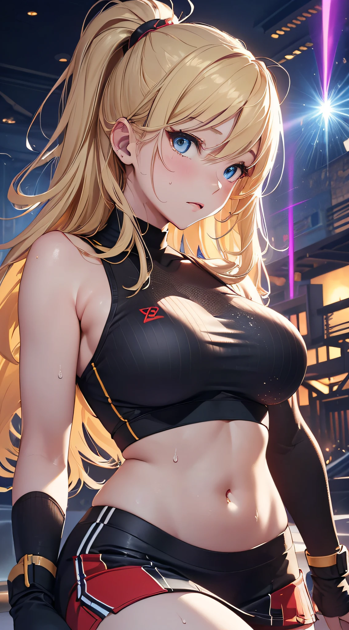top-quality、Top image quality、​masterpiece、girl with((cute little、18year old、Best Bust、Medium bust、Bust 85,Beautiful blue eyes、Breasts wide open,Blonde long hair、A slender、Middle knot、Black Sports Bra、White short skirt,Reflecting the whole body、Black perforated gloves、Sweating、Straight punch to the front、Splattering sweat)）hiquality、Beautiful Art、Background with((clubhouse、Blue lighting、Purple Laser Illumination、Red laser illumination,Yellow laser illumination,fitness club、natta、Virtual Worlds)),masutepiece、Elaborate design、visualart、depth of fields、The best lighting、highestdetailed、8ｋ,Super delicate