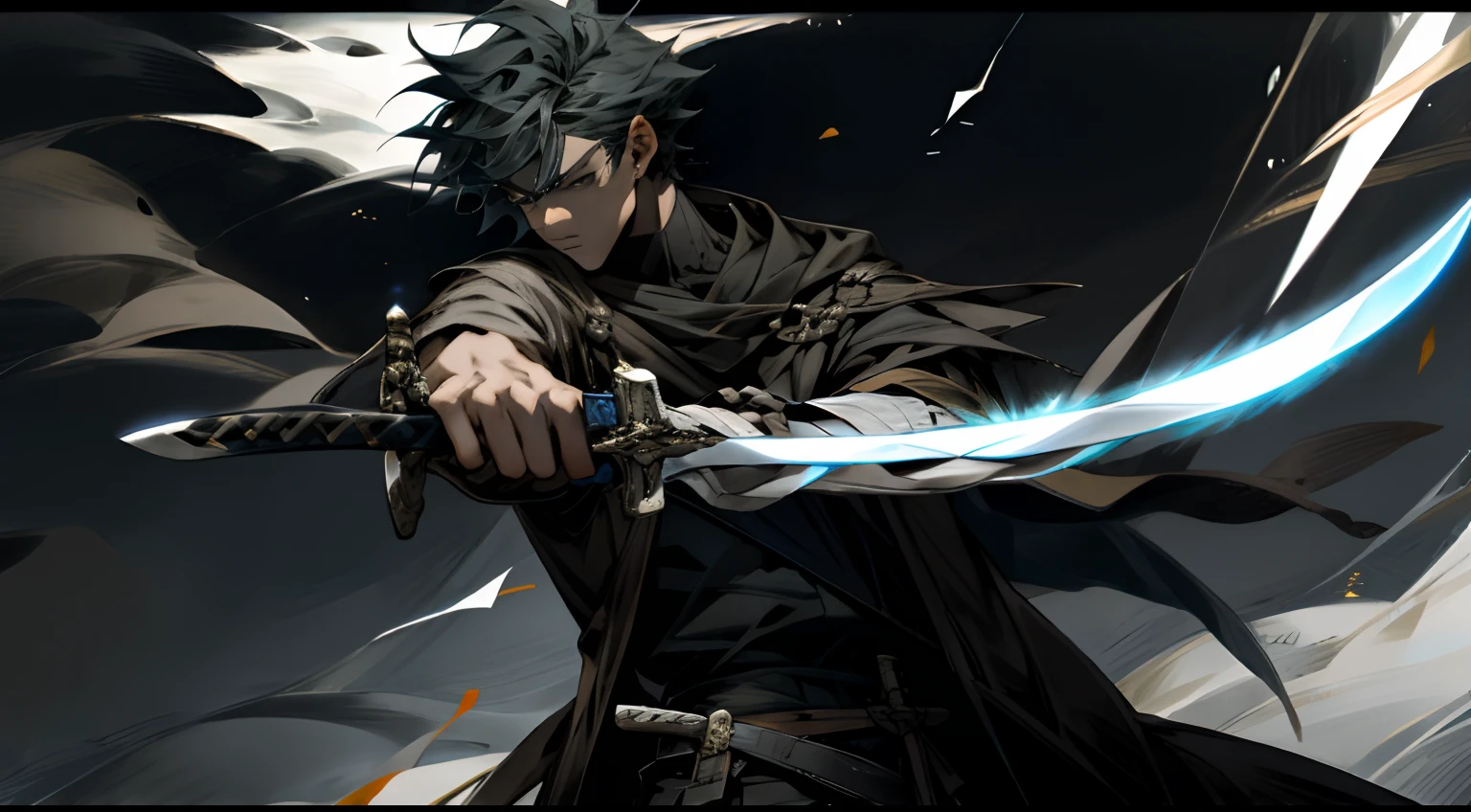 1boy, glowing, holding, holding_sword, holding_weapon, letterboxed, male_focus, open_hand, outstretched_hand, reaching_out, sword, weapon