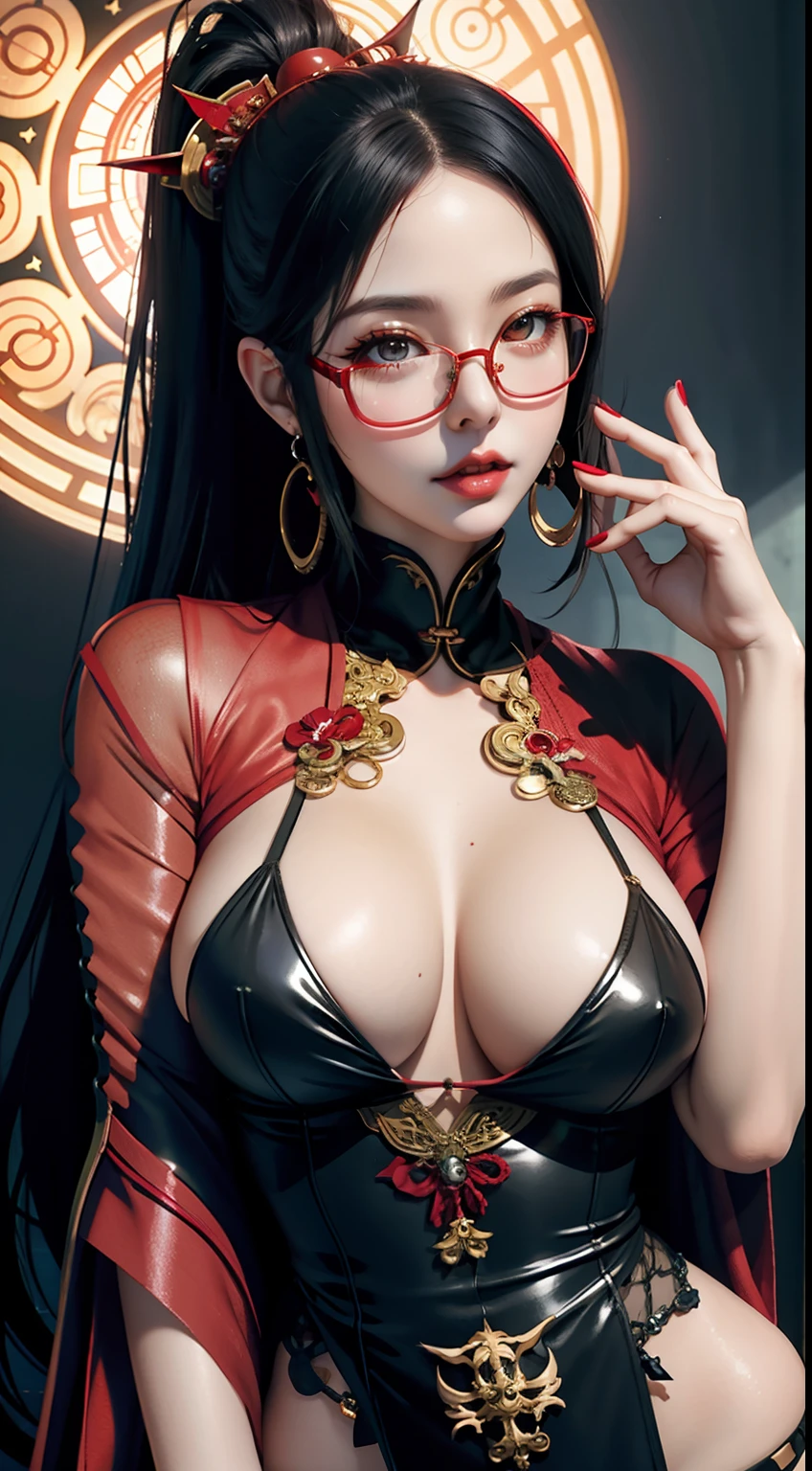 Alafed woman in red and black costume and glasses, goddess of Japan, seductive tifa lockhart portrait, Seductive Anime Girl, beautiful alluring anime woman, wlop glossy skin, a beautiful succubus, range murata and artgerm, succubus in tight short dress, Very detailed ArtGerm, full-body xianxia, ruan jia and artgerm