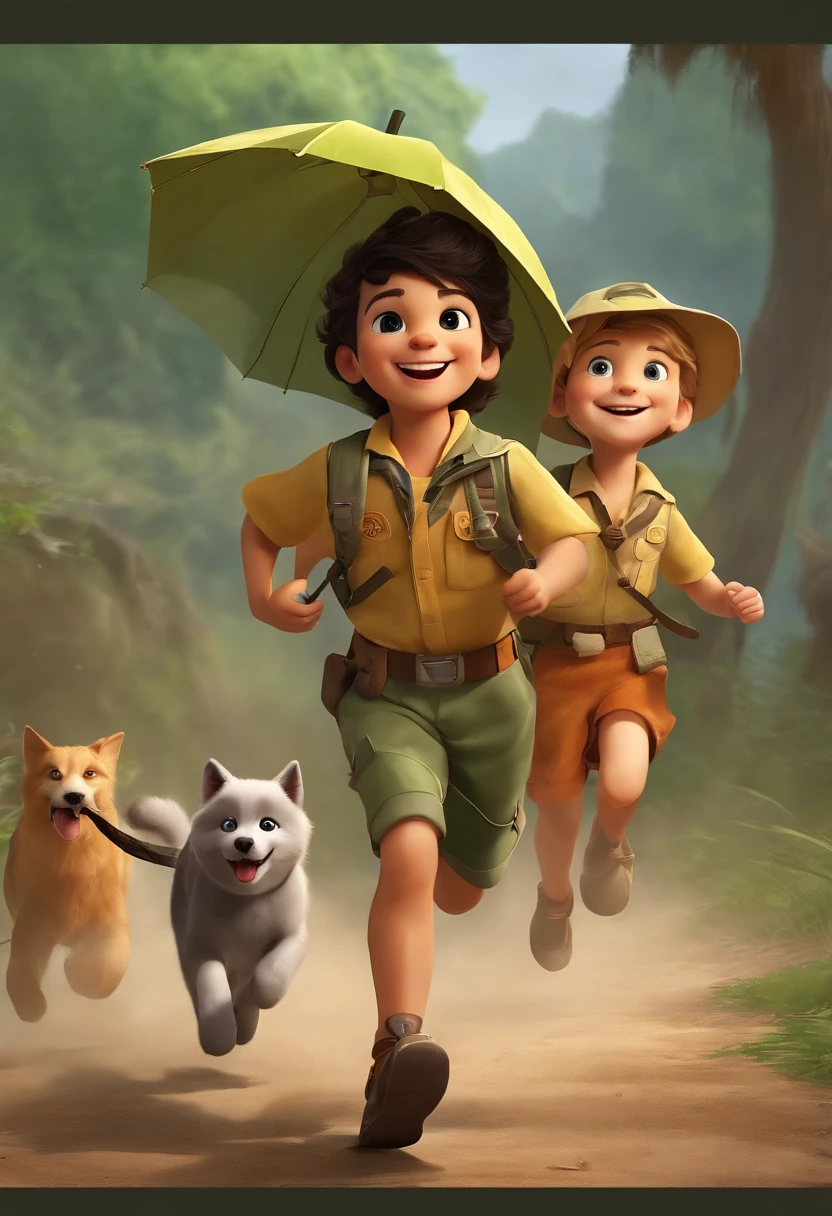 Costume planning theme it rain cat and dog return to dust , 2 boy in the camp land , wearing a scout shirt and raincoat outside, running happily . There is 1 hu