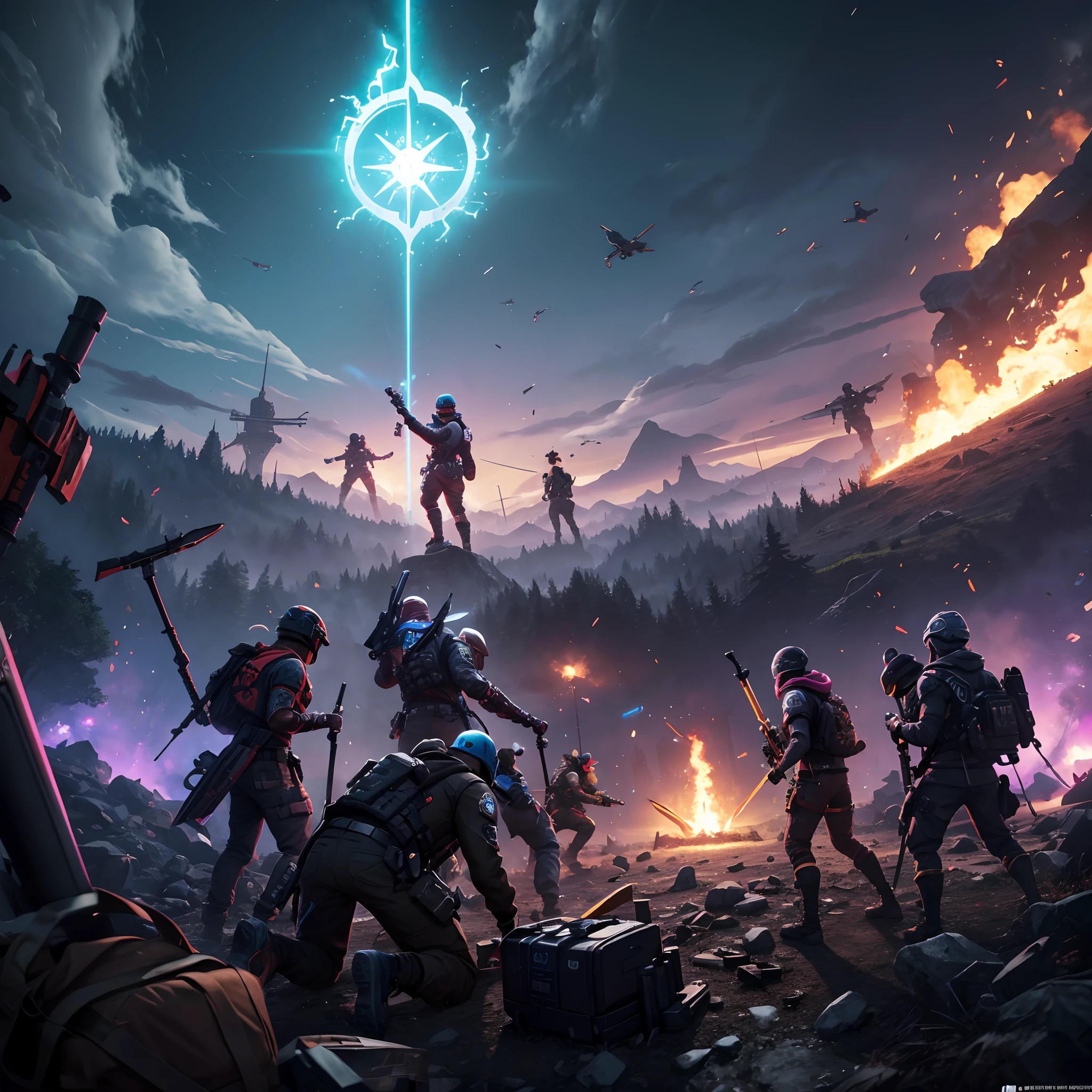 Mostrar o papel de parede da tela de abertura de um jogo que estou criando chamado FuryFall. This game will be a Battle Royale as a combination between Fortnite and Free Fire. O Wallpaper deve se parecer um pouco com o Fortnite com coisas neon, Multijogador com skins pro player, alguns Squads, e o logo de FURYFALL.