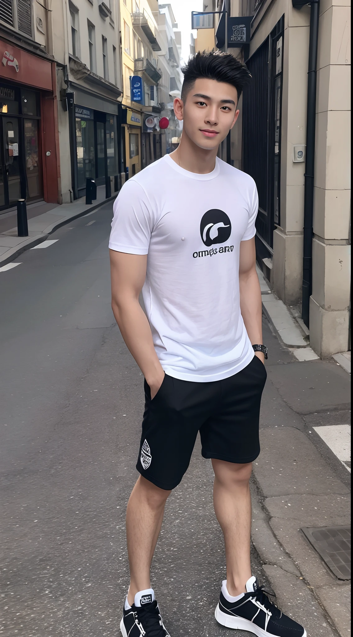 arafed boy in a baggy white sticker T-shirt and black shorts, Full Body Shoot, Quiff haircut, look at camera, detailed facial parts, Manly, Active Boy, public street background, Freestyle Pose, Happy Expression, perfect anatomy, symmetric body, asian boy 19 years old, high detail, asian, realistic, human skin, Short Hairstyle, handsome chad chin, handsome, masculine, attractive, human skin, (eyes contact), Handsome, Attractive
