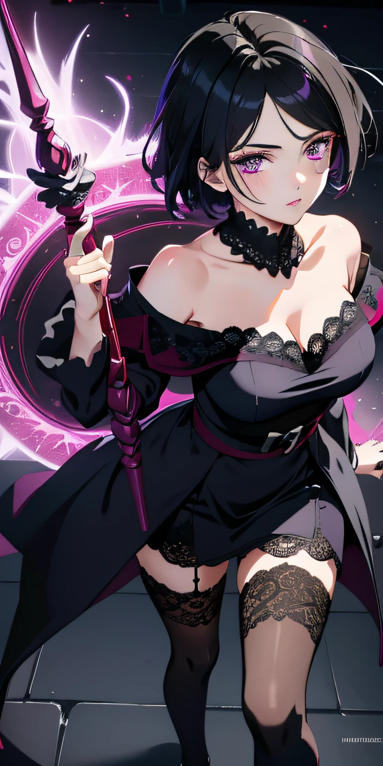 masterpiece, best quality, ultra-detailed, illustration,(1girl),beautiful detailed eyes, Sarada Uchiha, looking at viewer, close up, (breast focus), (arms behind back:1.2), (from above:1.1), black hair, black lace top, high neck lace, black lace covered shoulders, small breasts, (off shoulder:1.1), lace robe, caster robes, lace stockings, lace arm sleeves,glowing eyes, purple eyes, Red Tulle coat random pantyhose, black hair, purple eyes, Rennegan eyes, shining eyes, Wizard staff in hand, elegant staff, Wizard wand, Fairy wand, detailed wizard staff