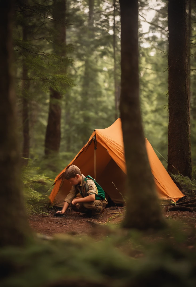 a scout boy is building a tent in the forest