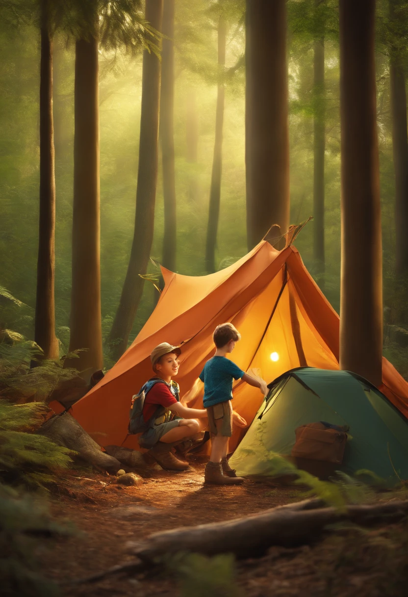 a scout boy is building a tent in the forest