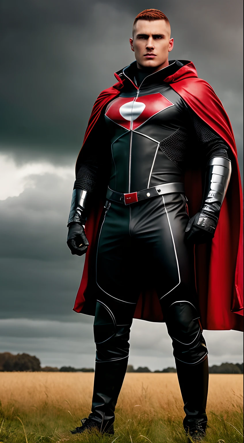 character dressed in black and grey latex outfit standing in a field, picture of a man, dressed like a noble, character art close-up detailed character art, bulky Men, ginger men, short hair, buzz cut hair, red cape, latex, rubber