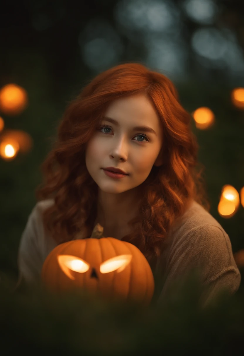 titles：「The Temptation of Jack Lantern and Willow」

Female characters：Lillian

appearance：
Lillian is a young woman with orange hair that looks like a glowing jack lantern inside.。Her eyes are dark green.、the face is small and rounded,。Her lips are pink and、Always have a smile on your face。

expressioness：
Lillian is curious and、Her eyes are always shining in search of new things and adventures。however、Behind that smile there is also a mysterious side that seems to hide a secret.。

posture：
She is as lithe as a cat and、Always move lightly。When she walks、It looks like you're dancing。The move is Willow（Will o' the wisp）Reminiscent of the erratic movements of。