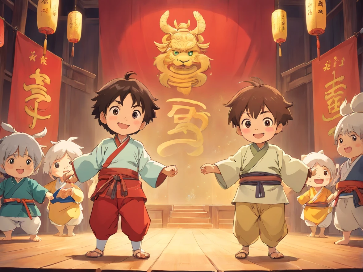 A little boy in Zhuang clothes and his friends stand hand in hand on the stage，The smile is bright。