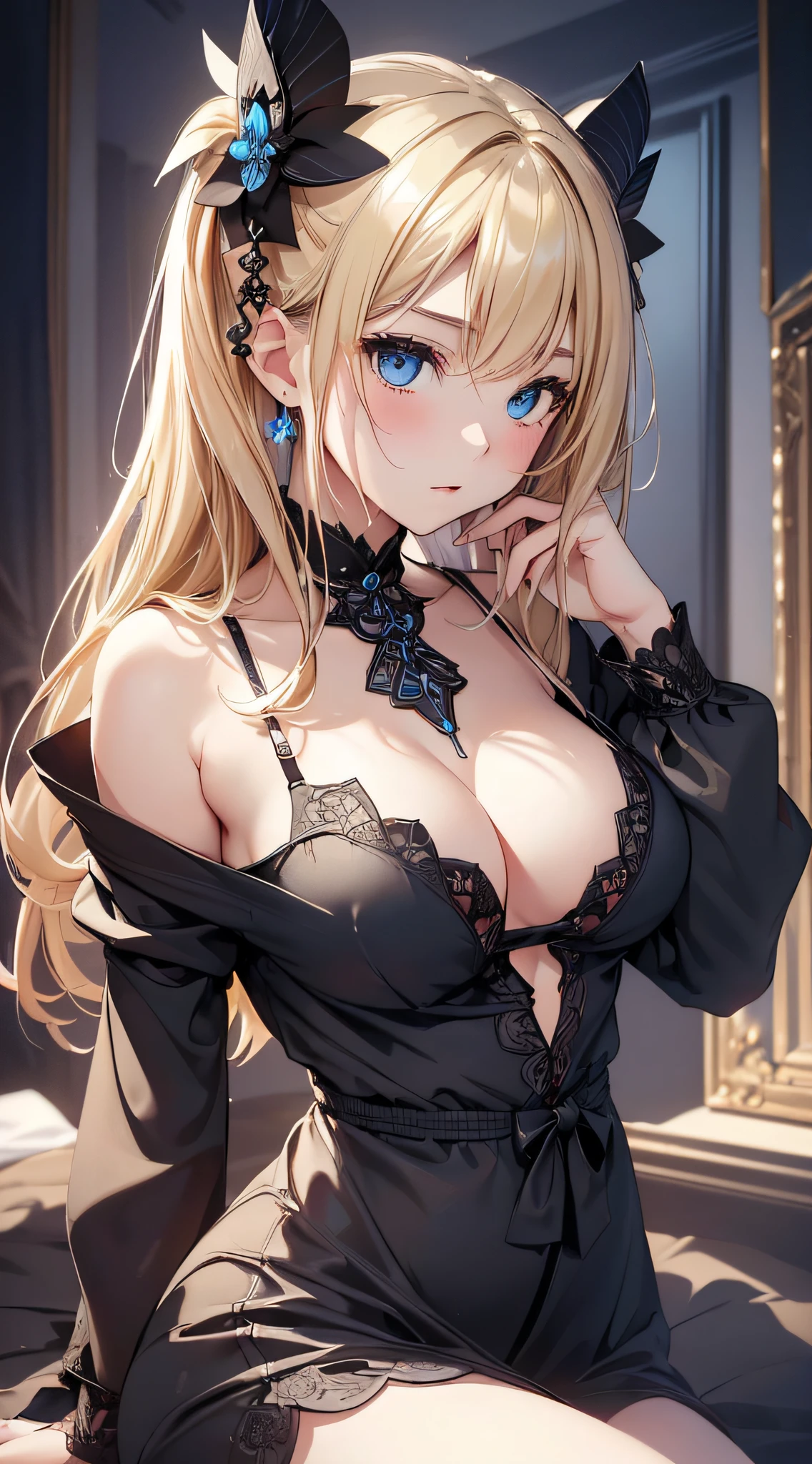 top-quality、Top image quality、​masterpiece、girl with((cute little、18year old、Best Bust、Medium bust、Bust 85,Beautiful blue eyes、Breasts wide open,Blonde loponytail、、A slender、Showing the whole body of the black bathrobe)）hiquality、Beautiful Art、Background with((Large room、Black Room、Black bed)),masutepiece、Elaborate design、visualart、depth of fields、The best lighting、highestdetailed、8ｋ,Super delicate