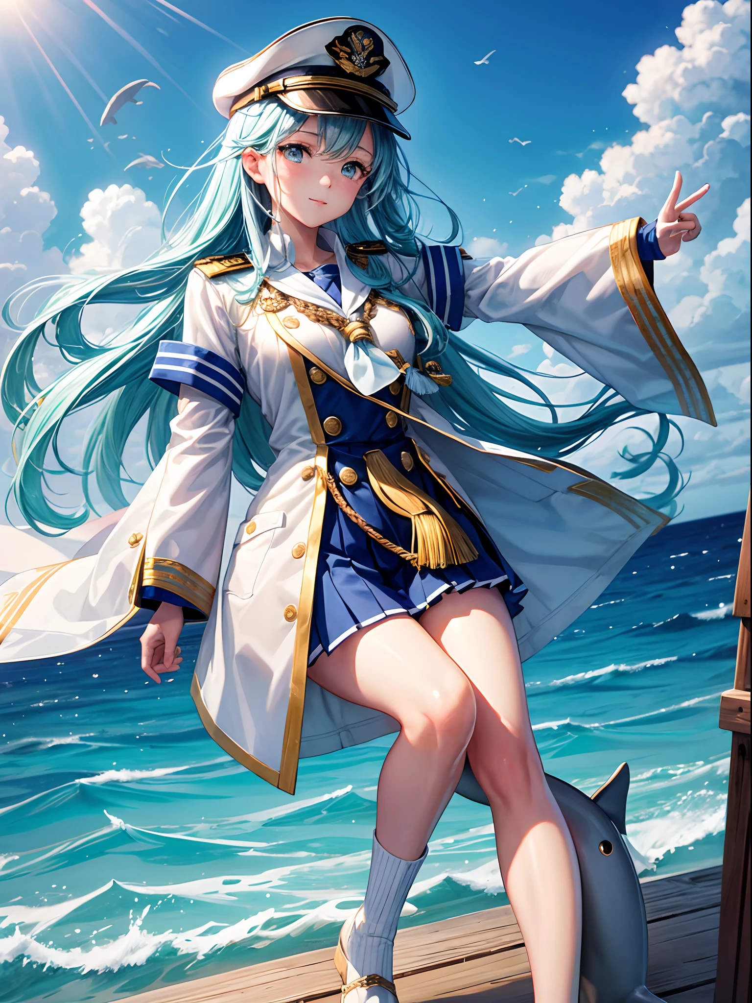 Captain's attire mixed blue and white:The captain's hat and uniform are in a blue and white color scheme、Has a traditional captain's style。The uniform is clean and tidy.、Ready to take command of the ship。, Captain's Cap:The captain's hat is a typical sailing ship captain's hat、It has a tall and strong shape.。The name or emblem of the ship may be embroidered on the front of the hat。, Ship name or emblem:The captain's attire and uniform include、Inlaid with the ship's name or ship emblem。These design elements are、Show the pride of the ship、Suggests to the crew as symbolizing the ship。, Props for navigation:Because she specializes in sailing、Nautical props and maps are sometimes attached to her uniform。These props help prepare and guide the voyage。, Dolphin companions:Her companions include、There are adorable dolphins。Dolphins play around the ship、May ride the waves、Make your ship's voyage enjoyable。The dolphin is a symbol of friendship and collaboration between captain and crew。, This female captain、While taking command of the ship、Proud of the blue and white captain's attire and traditional elements、Enjoying sailing with fellow dolphins。, 4K, masterpiece, UHD, textured skin, best quality, retina, super detail