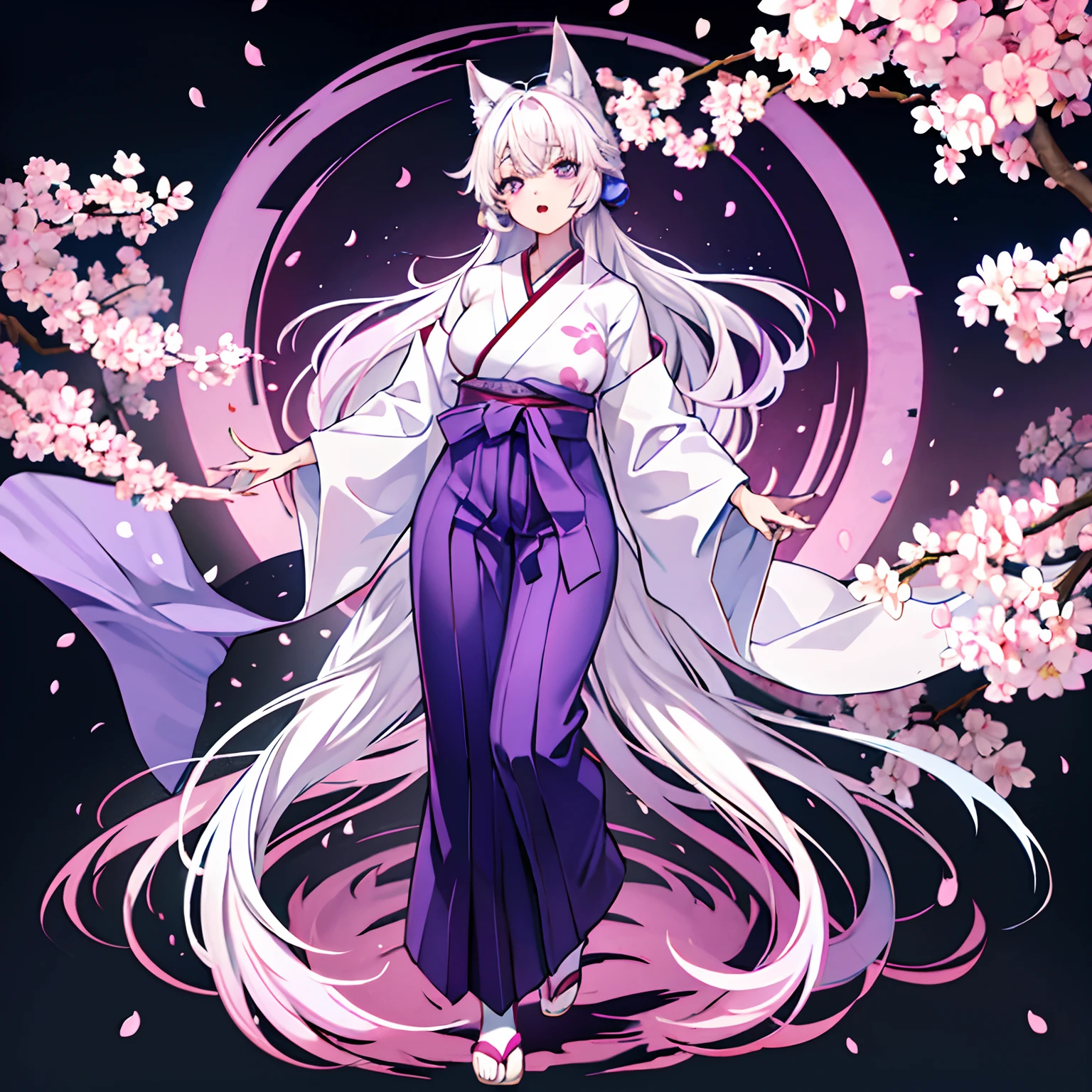 Wolf ears、animesque、Anime Drawing、white hair、odd eye、Full body painting、purple、Vibrant colors、a beauty girl、komono、1 persons、Cherry blossom-colored hakama、komono、facing front、Opening Mouth、Full body painting、deadpan、Trousers-shaped hakama、1人