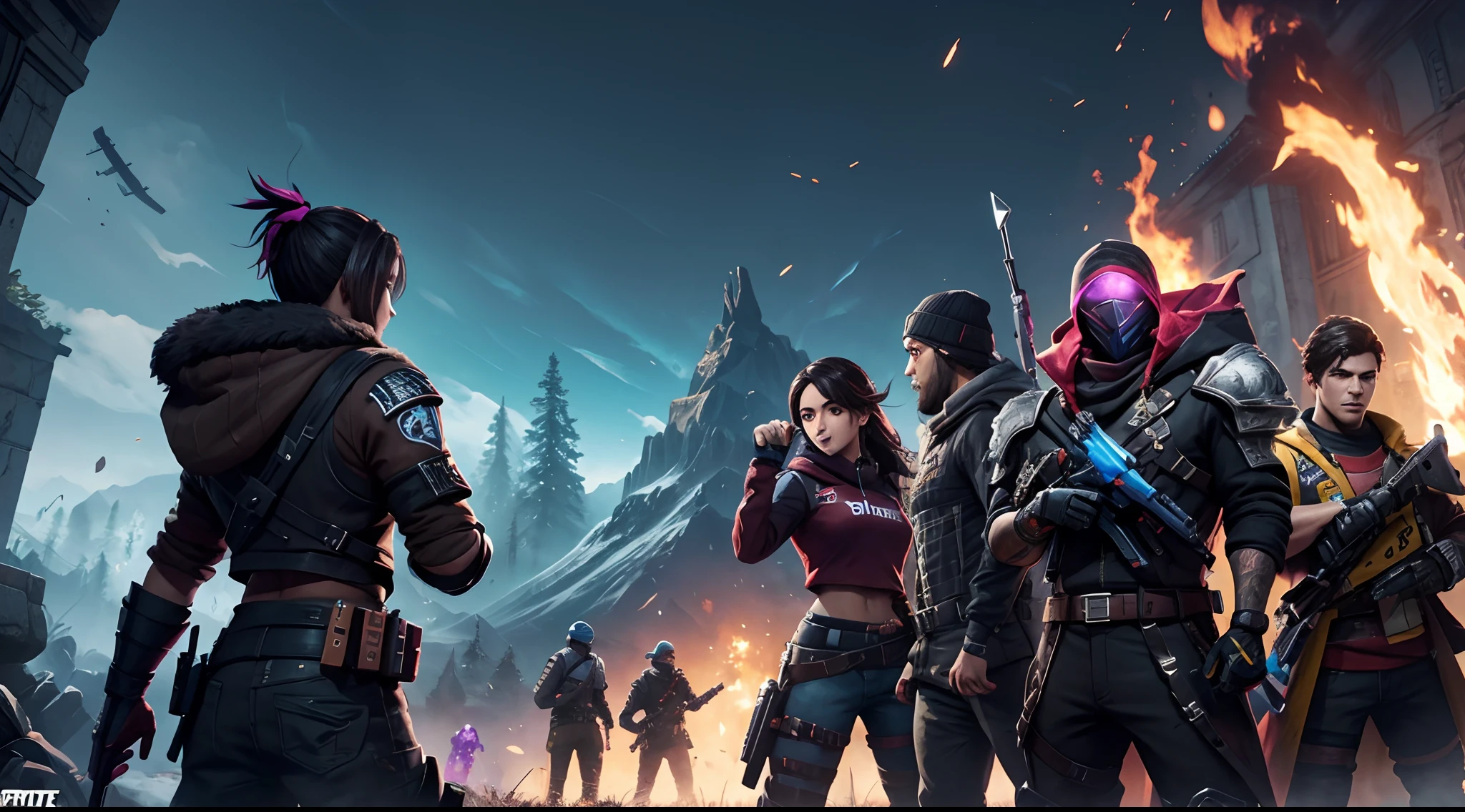 Mostrar o papel de parede da tela de abertura de um jogo que estou criando chamado FuryFall. This game will be a Battle Royale as a combination between Fortnite and Free Fire. O Wallpaper deve se parecer um pouco com o Fortnite com coisas neon, Multijogador com skins pro player e alguns Squads.