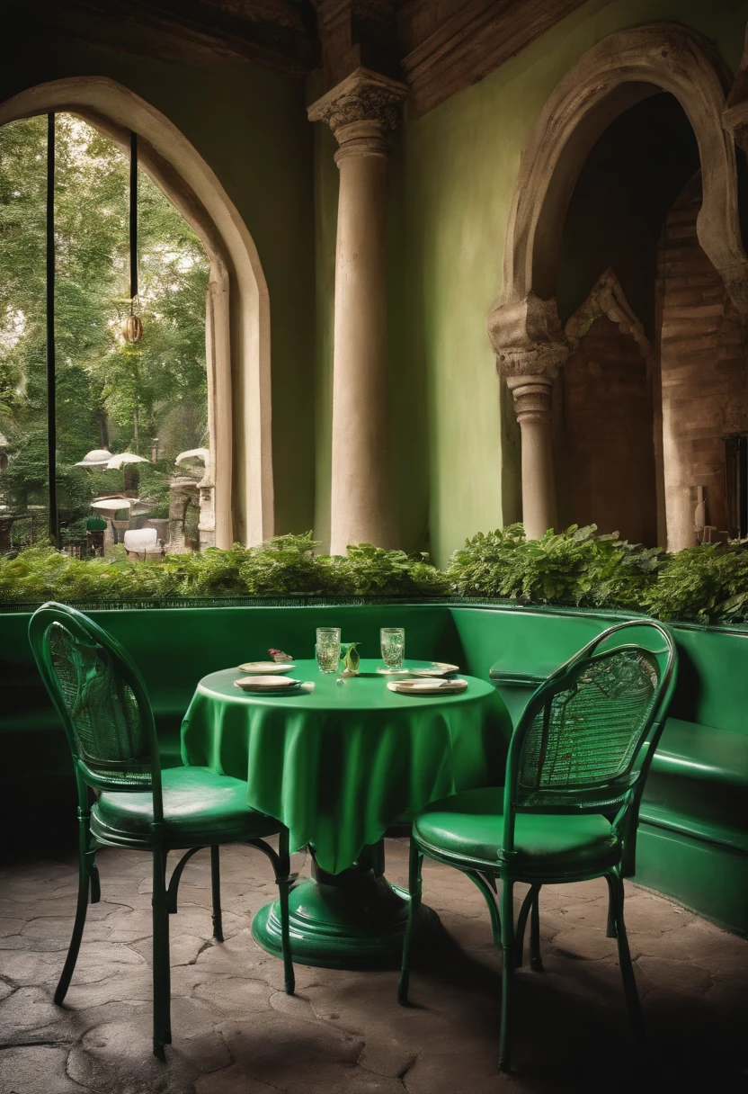 green vintage afternoon cafe table in castle garden