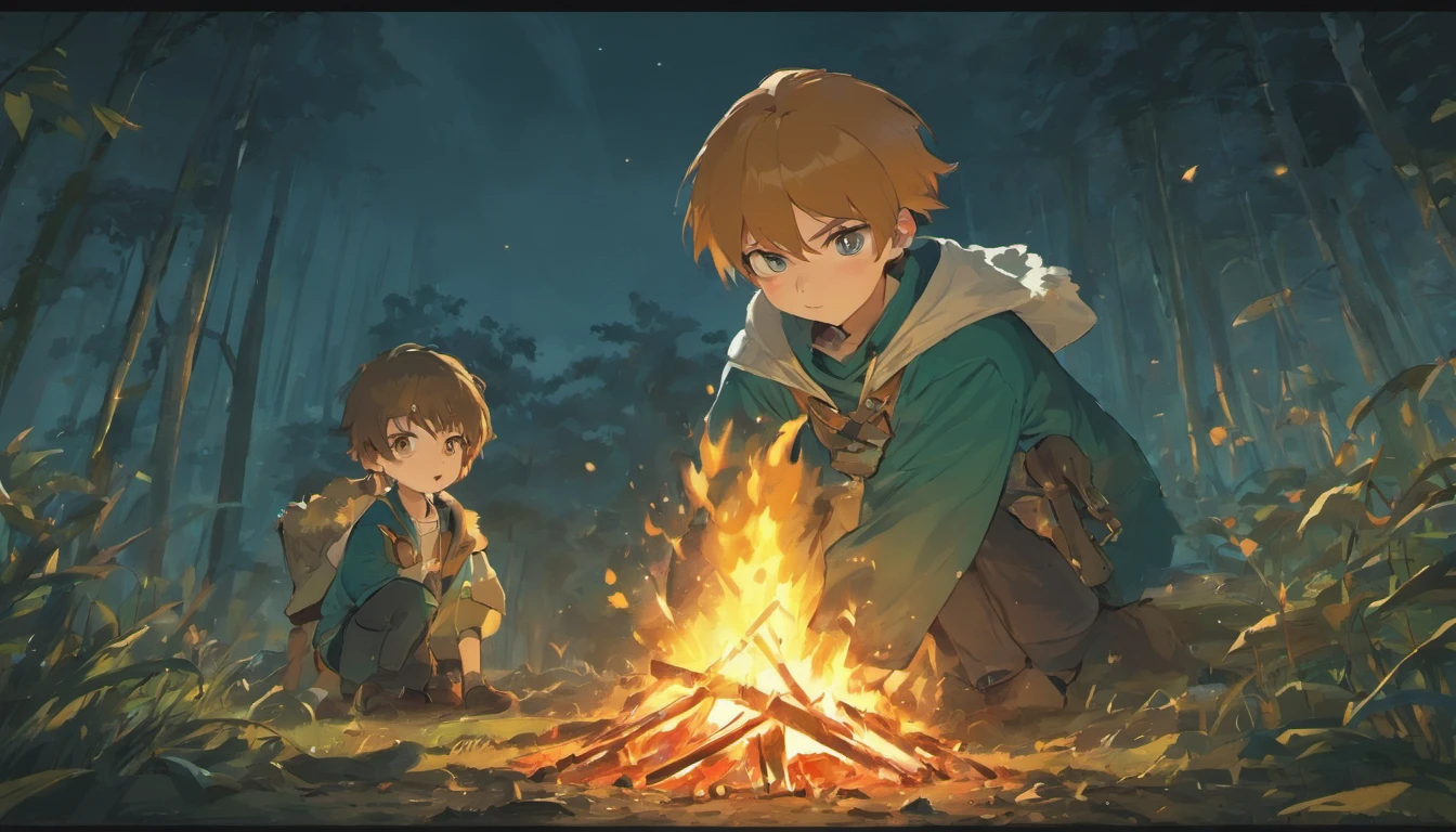 A s pathfinder scout vietnam brother protect younger boy brother with the camp and fire from the animals at night