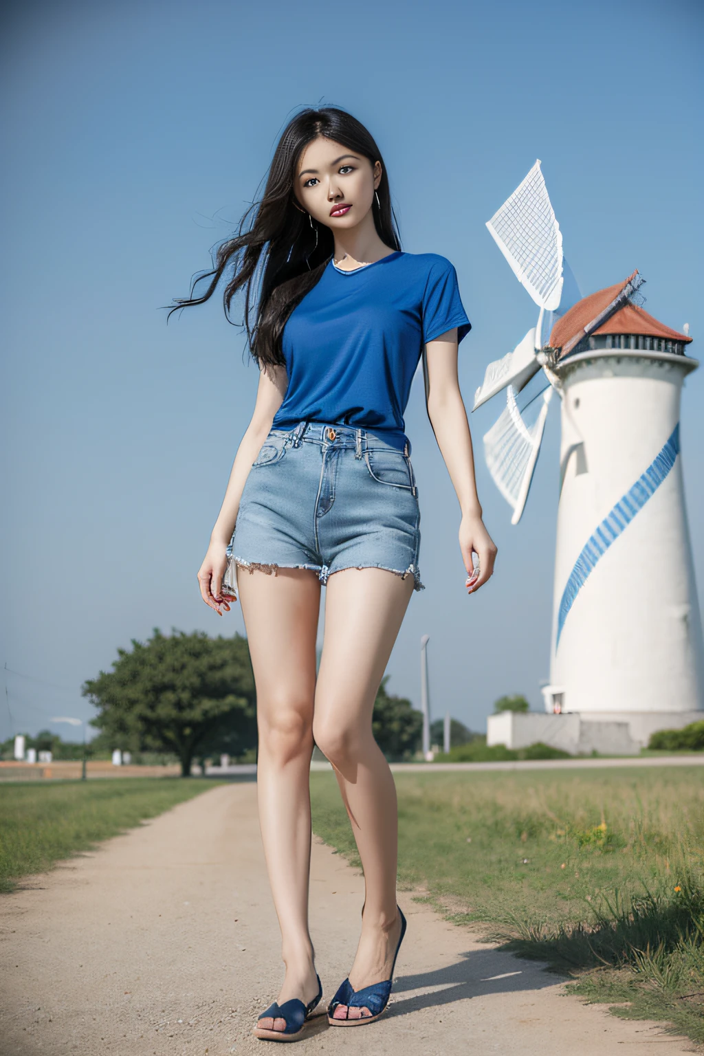 A woman in a blue shirt and shorts stands in front of a windmill, ChineseGirl, xintong chen, Gorgeous young Chinese woman, Beautiful young and middle-aged woman, Beautiful middle woman, gorgeous chinese models, xision wu, wenfei ye, Chinese girl, Beautiful Asian girl, cute young woman
