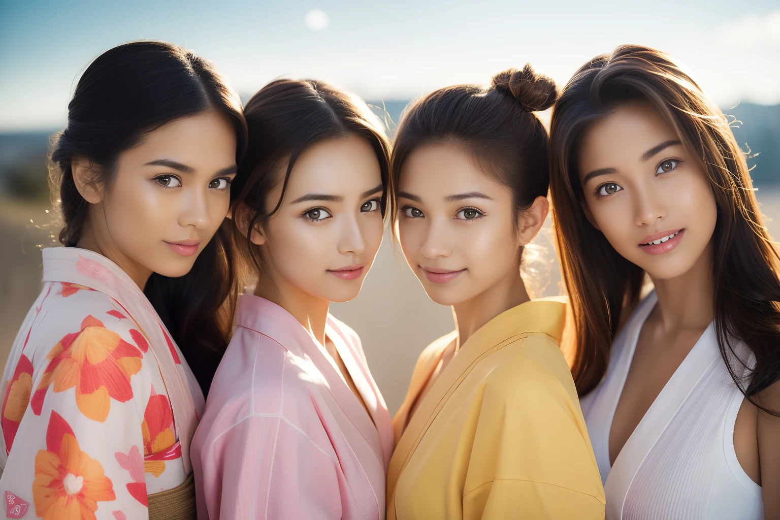 Outrageous resolution、hight resolution、(masterpiece:1.4)、ultra-detailliert、Crisp details、Dramatic and photorealistic pictorial art、Super Sentai Series、All in yukata(shuicolor、Light yellow、white colors、Beige、pink there、threesome)Everyone smiles、(big boobs:0.9)