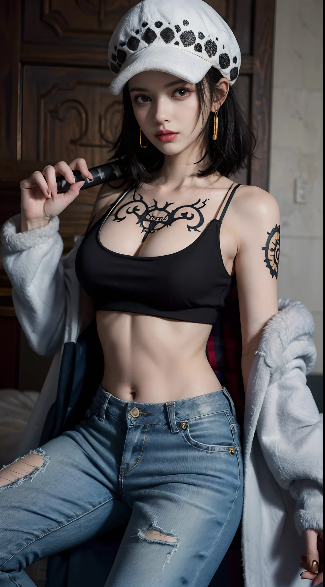 masterpiece, best quality, 8k,highestres, absurdres, extremely detailed, female trafalgar law, 1girl, 1sword, solo, looking at viewer, short hair, medium breasts, hat, navel, cleavage, collarbone, earrings, midriff, pants, coat, fur trim, denim, jeans, shoulder tattoo, hand tattoo, finger tattoo, black fur-trimmed coat, coat on shoulders, yellow tank top,///,