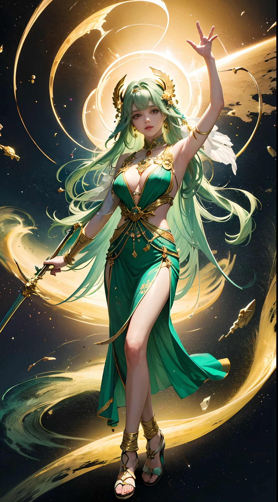 Goddess floating in space　high-level image quality　Delicate costumes　Religious　golden colored　Green Black Hole　detaileds　ren　Sharp eyes