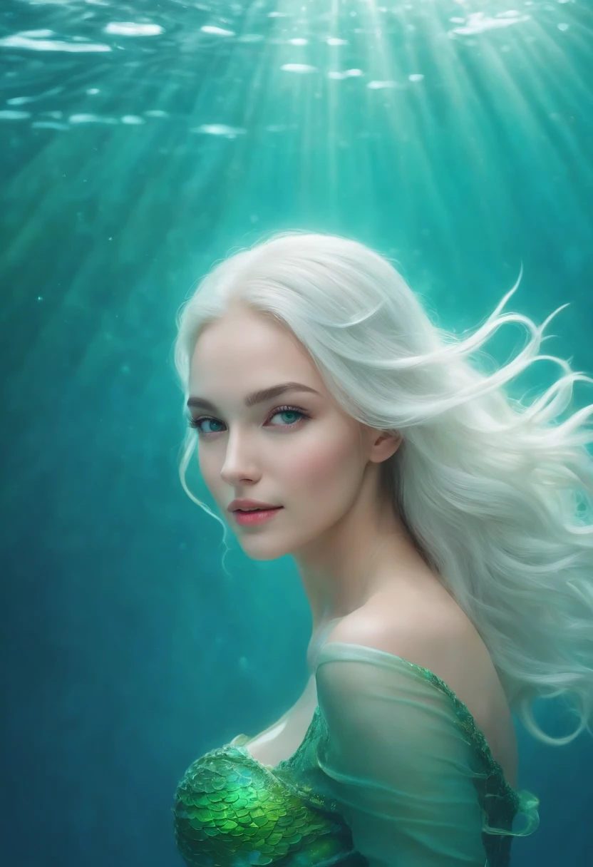 (best quality,4k,8k,highres,masterpiece:1.2),ultra-detailed,realistic,beautiful white hair,beautiful green eyes,mermaid in an underwater paradise,joyful expression,long flowing hair,sparkling green scales,fish-like tail,captivating beauty,serene environment,peaceful underwater world,vivid colors,illuminating sunlight,serene blue ocean,graceful swimming,fantasy creature,mythical charm,dreamy atmosphere,majestic ocean waves,dancing sea creatures,coral reef,magical aura,enchanting smile,ethereal presence,seamless integration with nature,effortless elegance,swimming gracefully through the water,aquatic paradise,serenity and tranquility,subtle shimmering scales,waves gently caressing the mermaid,mesmerizing gaze,water gracefully ripples around her,enigmatic and alluring presence,immersing the viewers in a world of fantasy and beauty