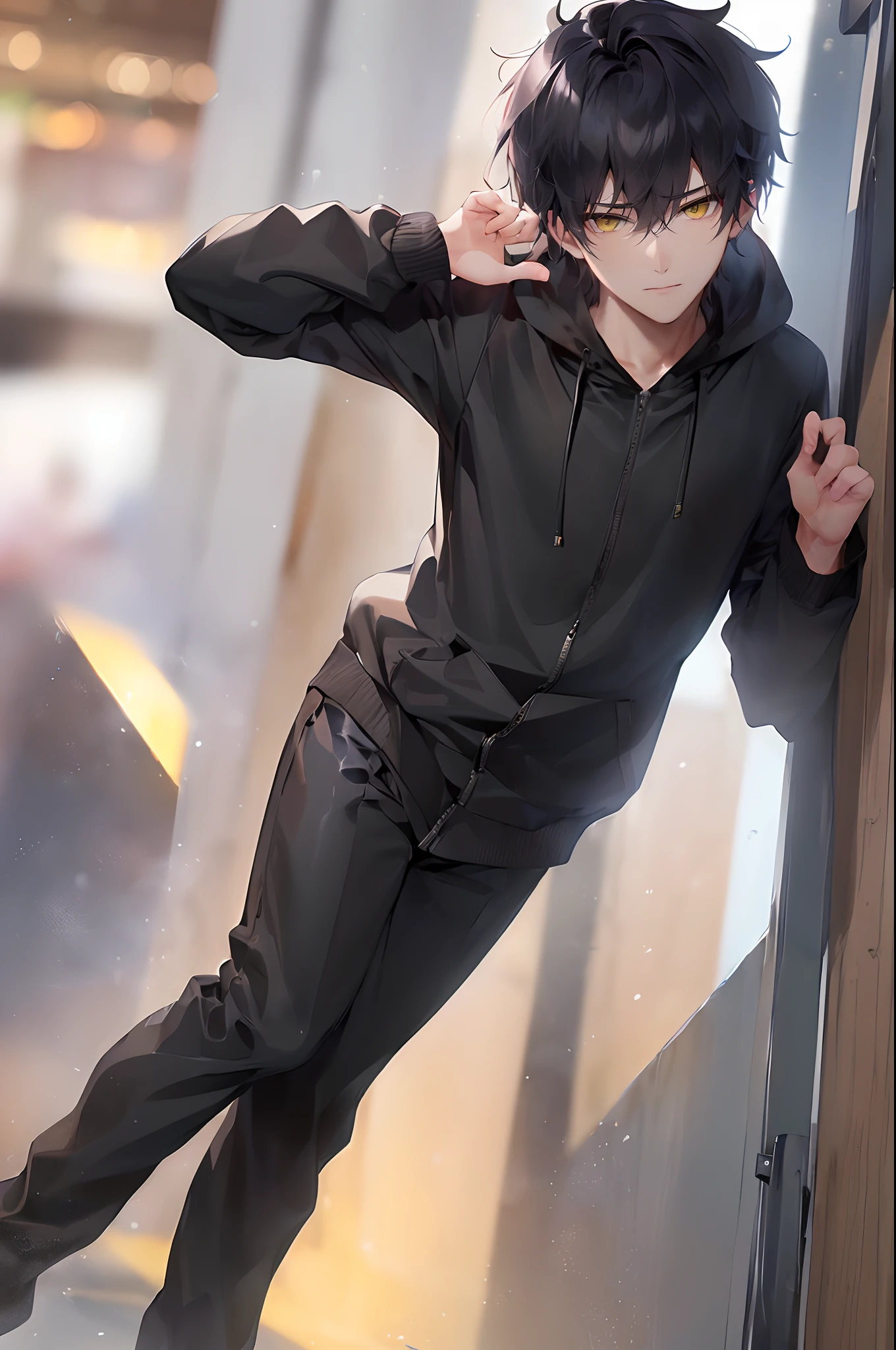 (4K works))、masterpiece、(top-quality)、In front of the wall、Korean Male、Adult male、((Adult 26 years old))、((Face similar to Hyun Jin))、Cool Men、tall、((Glaring expression))、((Sleepy face))、((Strong eyes))、((Wearing a white T-shirt and a black hooded jacket、Wearing long black pants))、((Wear a black mask))、((smaller face))、Slim body、((How to stand selling fights))、((Cheeky way of standing))、((hooligan))、((Black short-haired))、((Yellow eyes))、((shot from front))、((Looking down on the viewer))、((rearing))、Dull-looking pose、((Shot alone))、((Solo Photography))