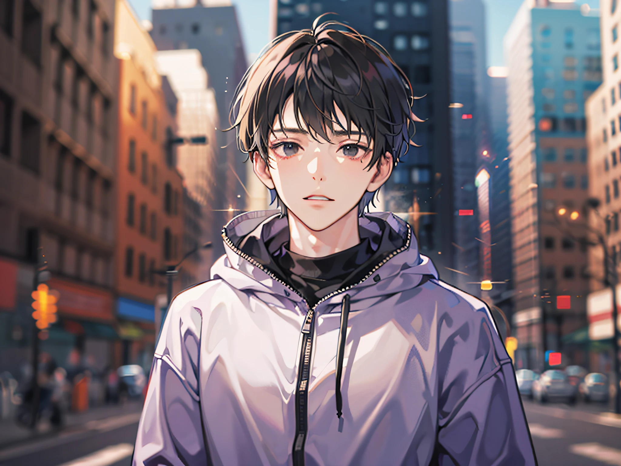 masutepiece, Detailed picture,Single male,late 20s age, The upper part of the body, A dark-haired, Black eyes, gloom, Wearing a sweatshirt, The background is the city