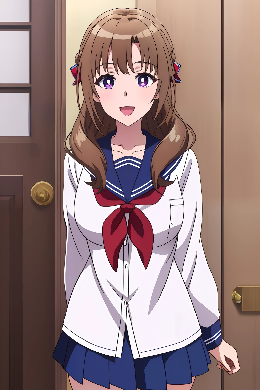 mamako, 1girl in, Solo, long_hair, breasts, up looking_で_viewer, Open_Mouth, Bangs, brown_hair, Shirt, long_sleeves, bow ribbon, School_uniform, Purple_Eyes, 鎖骨, hair_bow ribbon, white_Shirt, The upper part of the body_Body, braid, serafuku, Indoors, sailor_Collar, :o, neckerchief, parody, Blue_sailor_Collar, Bright_Pupils, Red_neckerchief, white_Pupils, Mature_Female, door, Anime_Coloring、a smile、cowboy  shot、thighs thighs thighs thighs