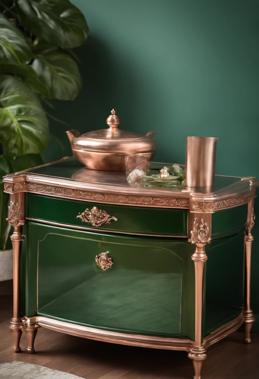 Afternoon vintage green and rose gold coffee table in castle garden