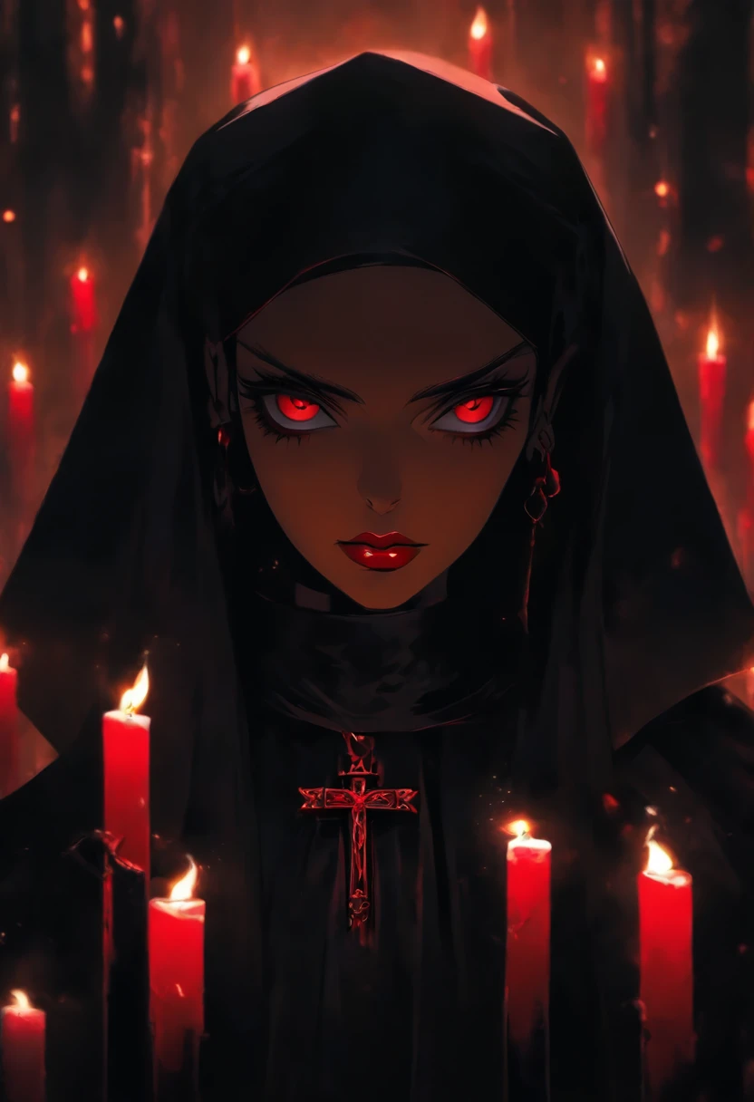 (sexy gothic demonic nun), dark, mysterious, enchanting, hauntingly beautiful, (detailed facial features, piercing eyes, dark red lips), black flowing robes, cross necklace, sensual, alluring pose, (candlelit backdrop, ominous atmosphere), (best quality, highres, ultra-detailed), (gothic art, oil painting, dark fantasy), (dramatic lighting, shadows, ethereal glow), (black and red color scheme, intense contrast), (beautifully composed, intricate details), (evokes a sense of desire and forbidden allure).