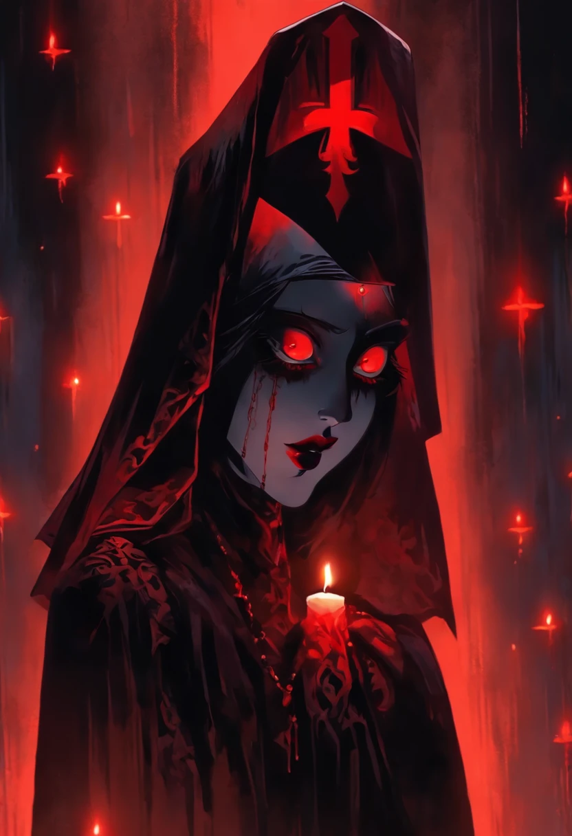 (sexy gothic demonic nun), dark, mysterious, enchanting, hauntingly beautiful, (detailed facial features, piercing eyes, dark red lips), black flowing robes, cross necklace, sensual, alluring pose, (candlelit backdrop, ominous atmosphere), (best quality, highres, ultra-detailed), (gothic art, oil painting, dark fantasy), (dramatic lighting, shadows, ethereal glow), (black and red color scheme, intense contrast), (beautifully composed, intricate details), (evokes a sense of desire and forbidden allure).