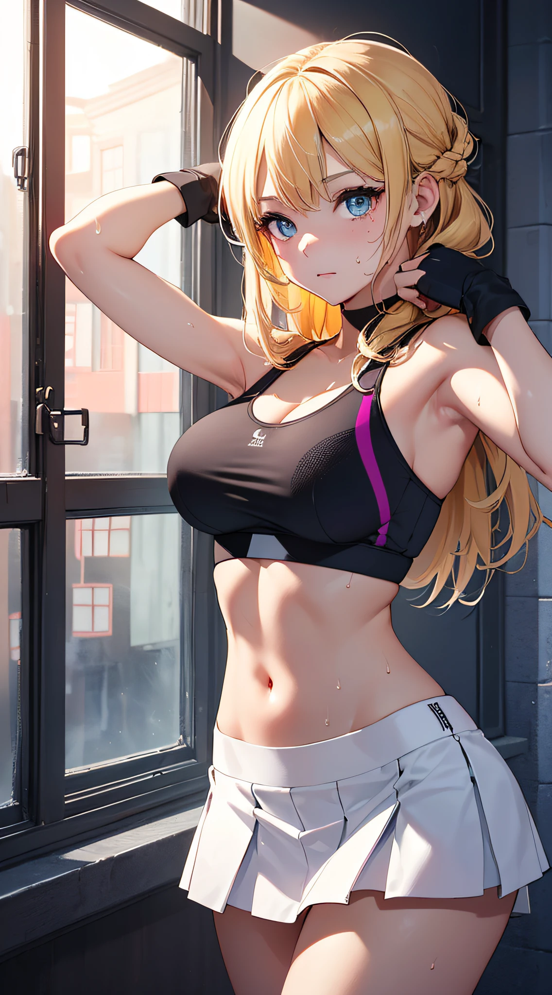 top-quality、Top image quality、masterpiece、girl with((cute little、18year old、Best Bust、Medium bust、Bust 85,Beautiful blue eyes、Breasts wide open,Blonde long hair、A slender、Middle knot、Black Sports Bra、White short skirt,Reflecting the whole body、Black perforated gloves、Sweating、fighting poses))hiquality、Beautiful Art、Background with((clubhouse、Blue lighting、Purple Laser Illumination、Red laser illumination,Yellow laser illumination,fitness club、natta、Virtual Worlds)),masutepiece、Elaborate design、visualart、depth of fields、The best lighting、highestdetailed、8k,Super delicate