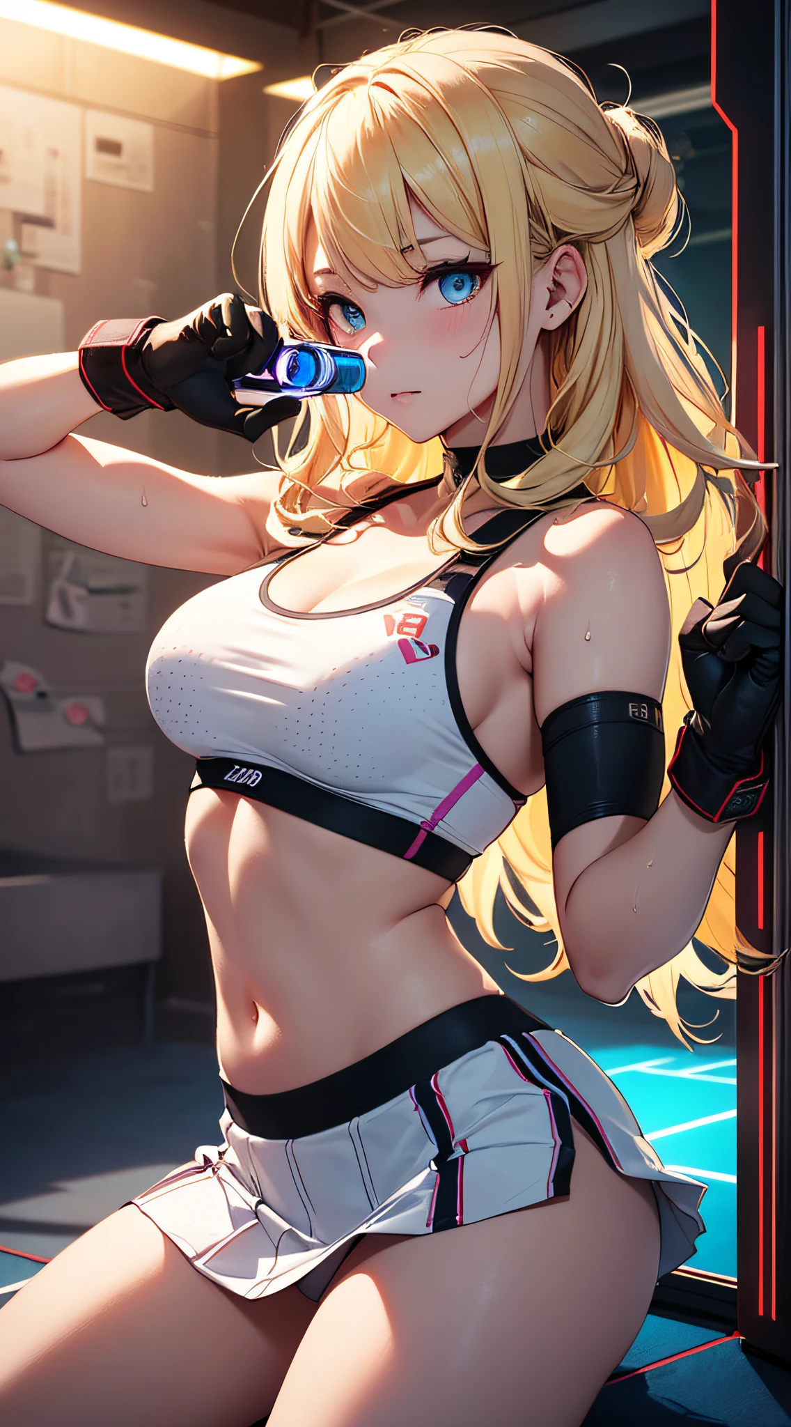 top-quality、Top image quality、​masterpiece、girl with((cute little、18year old、Best Bust、Medium bust、Bust 85,Beautiful blue eyes、Breasts wide open,Blonde long hair、A slender、Middle knot、Black Sports Bra、White short skirt,Reflecting the whole body、Black perforated gloves、Sweating、fighting poses)）hiquality、Beautiful Art、Background with((clubhouse、Blue lighting、Purple Laser Illumination、Red laser illumination,Yellow laser illumination,fitness club、natta、Virtual Worlds)),masutepiece、Elaborate design、visualart、depth of fields、The best lighting、highestdetailed、8ｋ,Super delicate