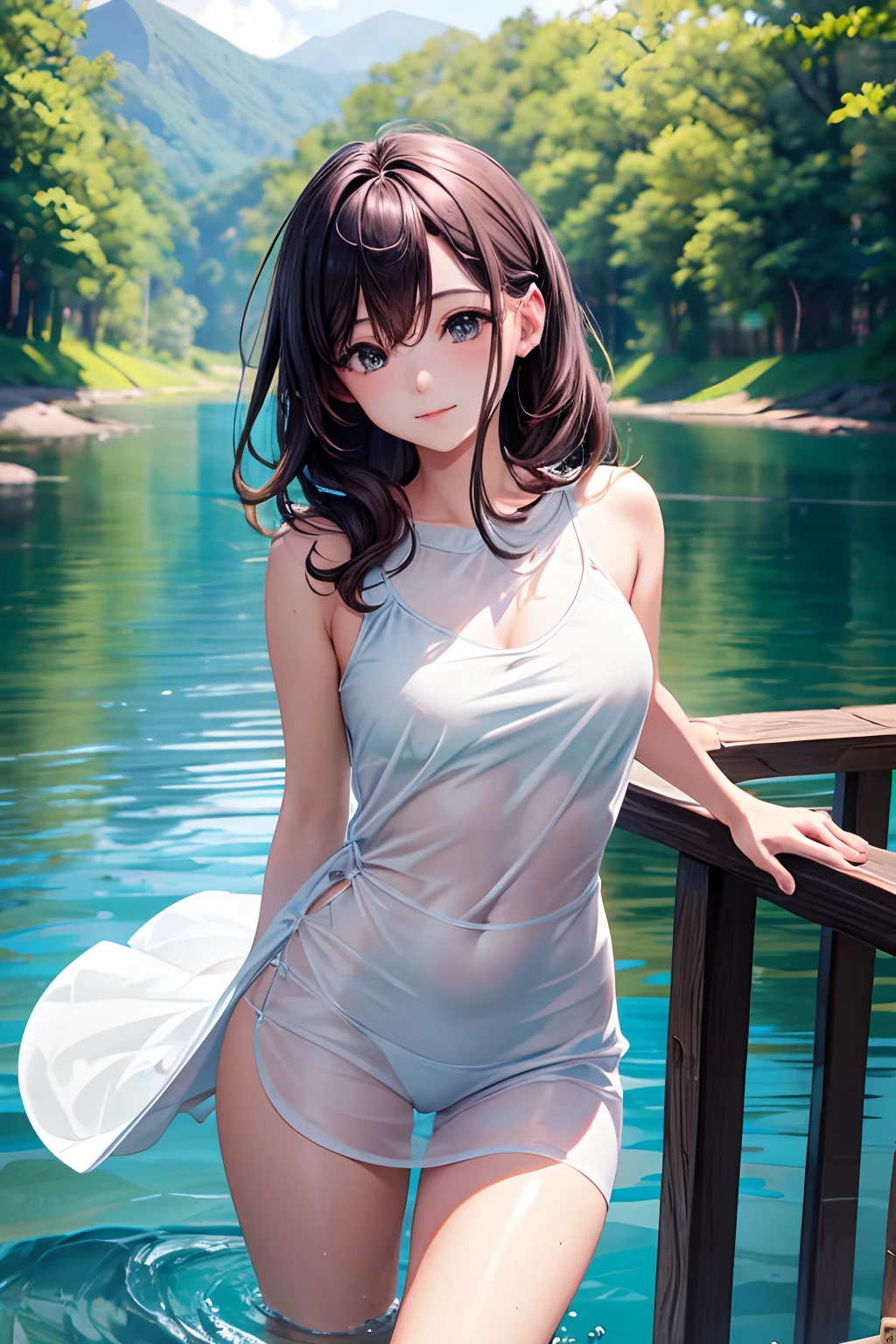Girl on a fishing trip,Reflections in water, Peaceful lake environment,Box for fishing rod and tackle,Gentle ripples on the water,Sun light, sparkling on the surface,Freshwater fish,Calm and serene atmosphere,(Best Quality,4k,8K,hight resolution,Masterpiece:1.2),Ultra-detailed,Realistic:1.37,HDR,UHD,studio lightning,Professional,Vivid colors,bokeh,landscape,Naturalistic colors,Soft sunlight