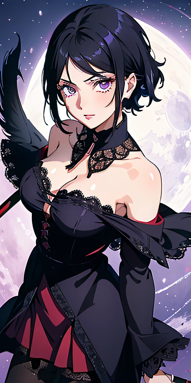 masterpiece, best quality, ultra-detailed, illustration,(1girl),beautiful detailed eyes, Sarada Uchiha, looking at viewer, close up, (breast focus), (arms behind back:1.2), (from above:1.1), black hair, black lace top, high neck lace, black lace covered shoulders, small breasts, (off shoulder:1.1), lace robe, caster robes, lace stockings, lace arm sleeves,glowing eyes, purple eyes, Red Tulle coat  random pantyhose, black hair, purple eyes, Rennegan eyes, shining eyes, Wizard staff in hand, elegant staff, Wizard wand, Fairy wand, detailed wizard staff, giant moon in background