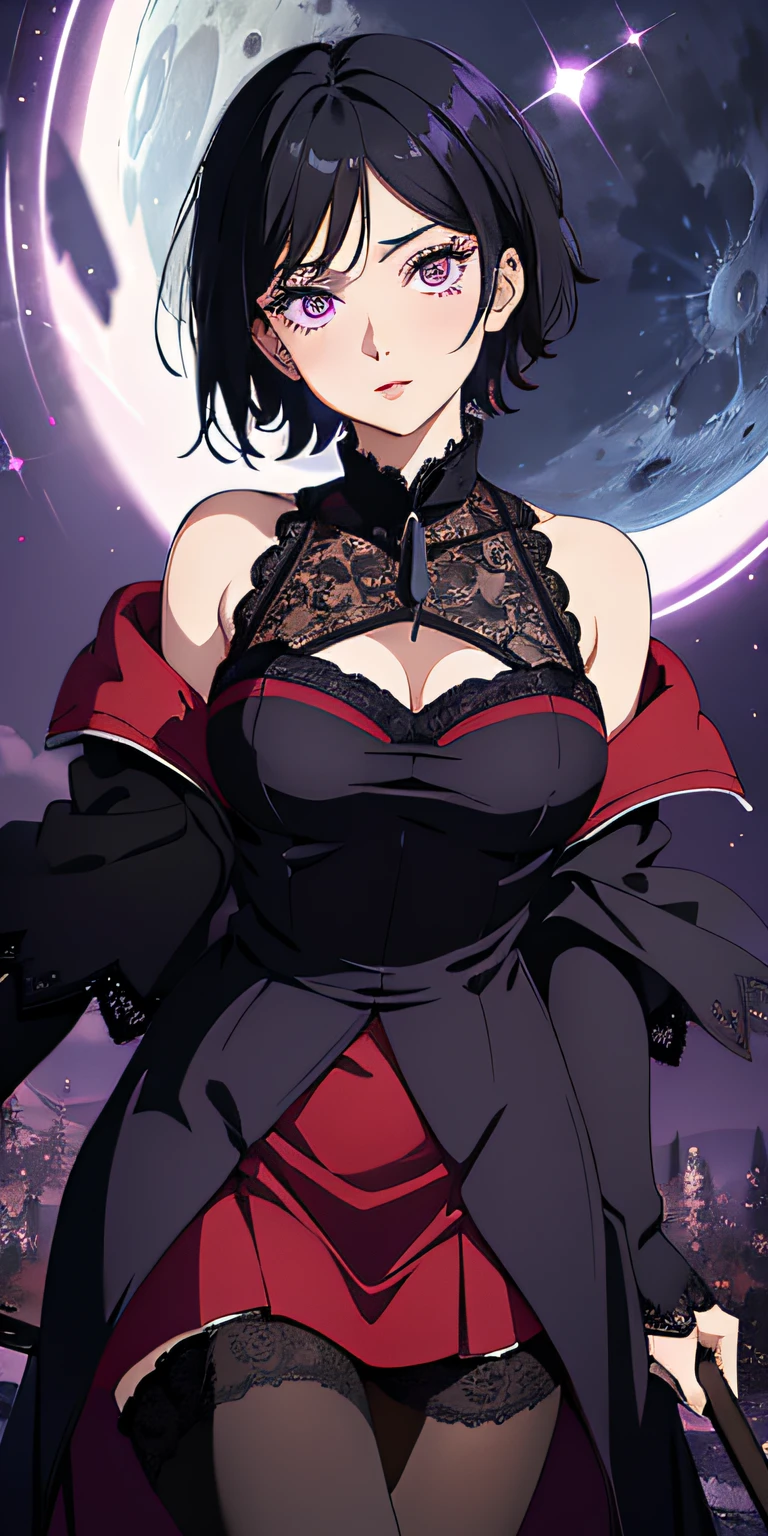 masterpiece, best quality, ultra-detailed, illustration,(1girl),beautiful detailed eyes, Sarada Uchiha, looking at viewer, close up, (breast focus), (arms behind back:1.2), (from above:1.1), black hair, black lace top, high neck lace, black lace covered shoulders, small breasts, (off shoulder:1.1), lace robe, caster robes, lace stockings, lace arm sleeves,glowing eyes, purple eyes, Red Tulle coat  random pantyhose, black hair, purple eyes, Rennegan eyes, shining eyes, Wizard staff in hand, elegant staff, Wizard wand, Fairy wand, detailed wizard staff, giant moon in background