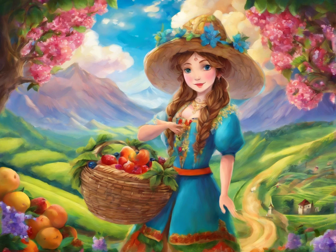 (best quality,ultra-detailed,highres,masterpiece:1.2),landscape,painting,portrait,ethnic clothes,girl,smiling,holding a basket,fruit,tea plantation,blue sky,white clouds,gentle breeze,colorful scenery,vibrant colors,warm sunlight,traditional hat.