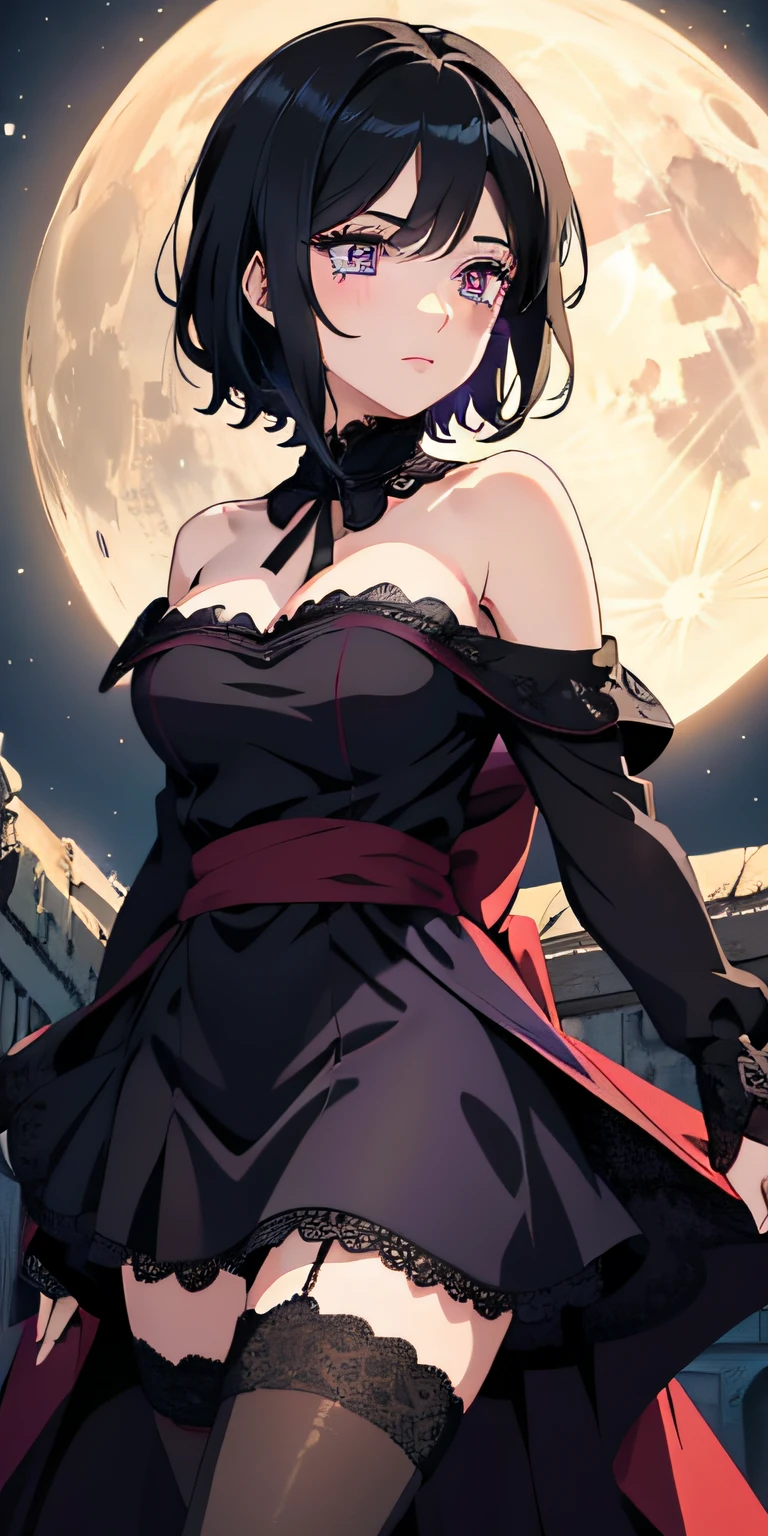 masterpiece, best quality, ultra-detailed, illustration,(1girl),beautiful detailed eyes, Sarada Uchiha, looking at viewer, close up, (breast focus), (arms behind back:1.2), (from above:1.1), black hair, black lace top, high neck lace, black lace covered shoulders, small breasts, (off shoulder:1.1), lace robe, caster robes, lace stockings, lace arm sleeves,glowing eyes, purple eyes, Red Tulle coat  random pantyhose, black hair, purple eyes, Rennegan eyes, shining eyes, Wizard staff in hand, elegant staff, Wizard wand, Fairy wand, detailed wizard staff, giant moon in background