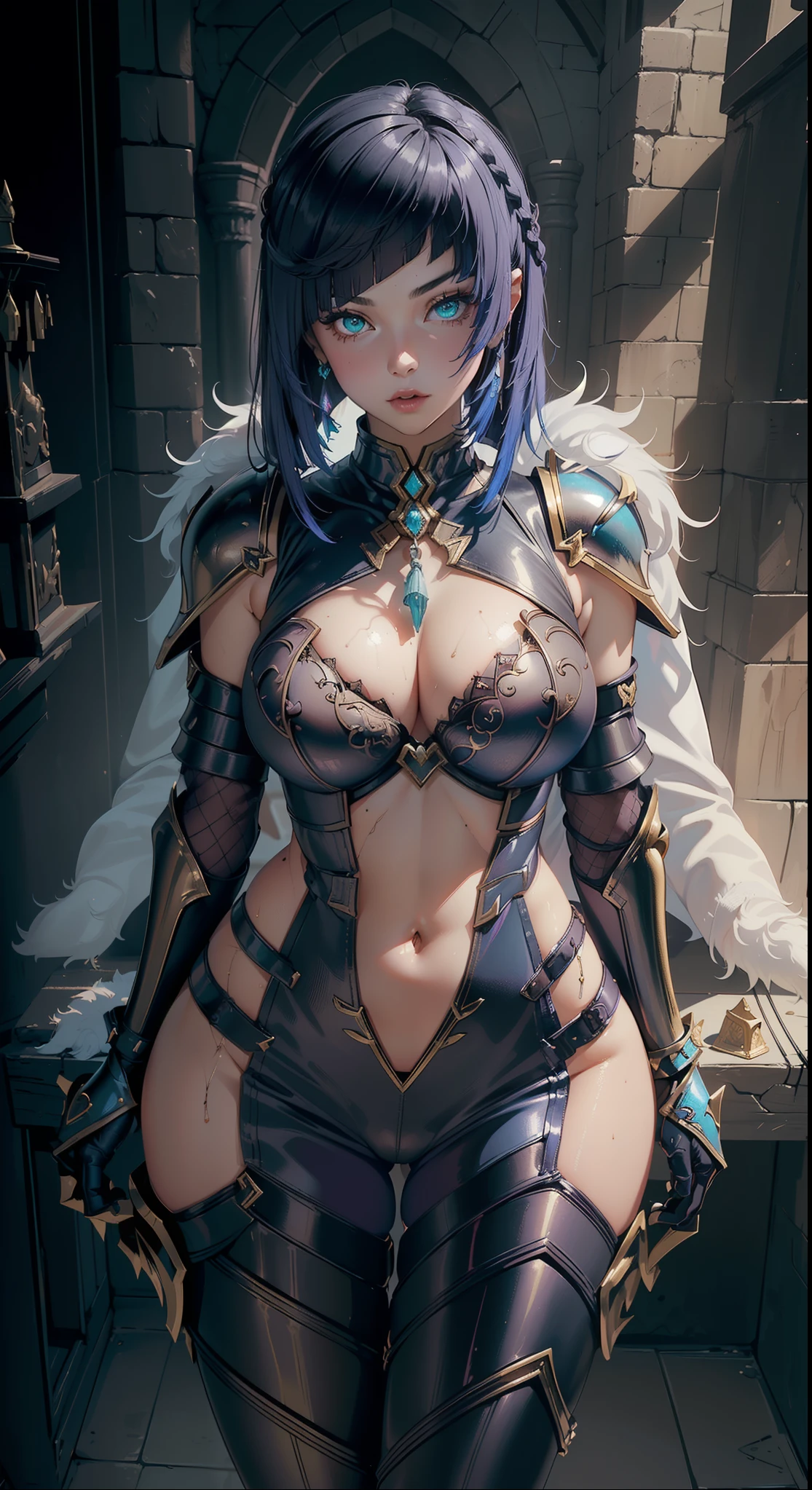 1girl,(sexy armor:1.5), full body, (depth of field), masterpiece,8k, dynamic poses, ultra detail, (pretty face:1.4), (stocking:1.5), (navel:1.5), (large breasts:1.8), (perfect body:1.2), (cynematic light:1.5), (fantasy vibes:1.5), (req glowing eyes), (inside castle)