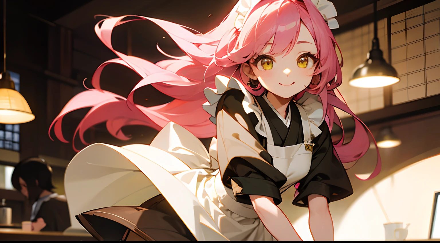 Fluffy semi-long pink hair、Golden Eyes、a beauty girl、Apron、Bright green Japanese style maid、Brown Long Boots、Work in a coffee shop、a closeup、a smile、