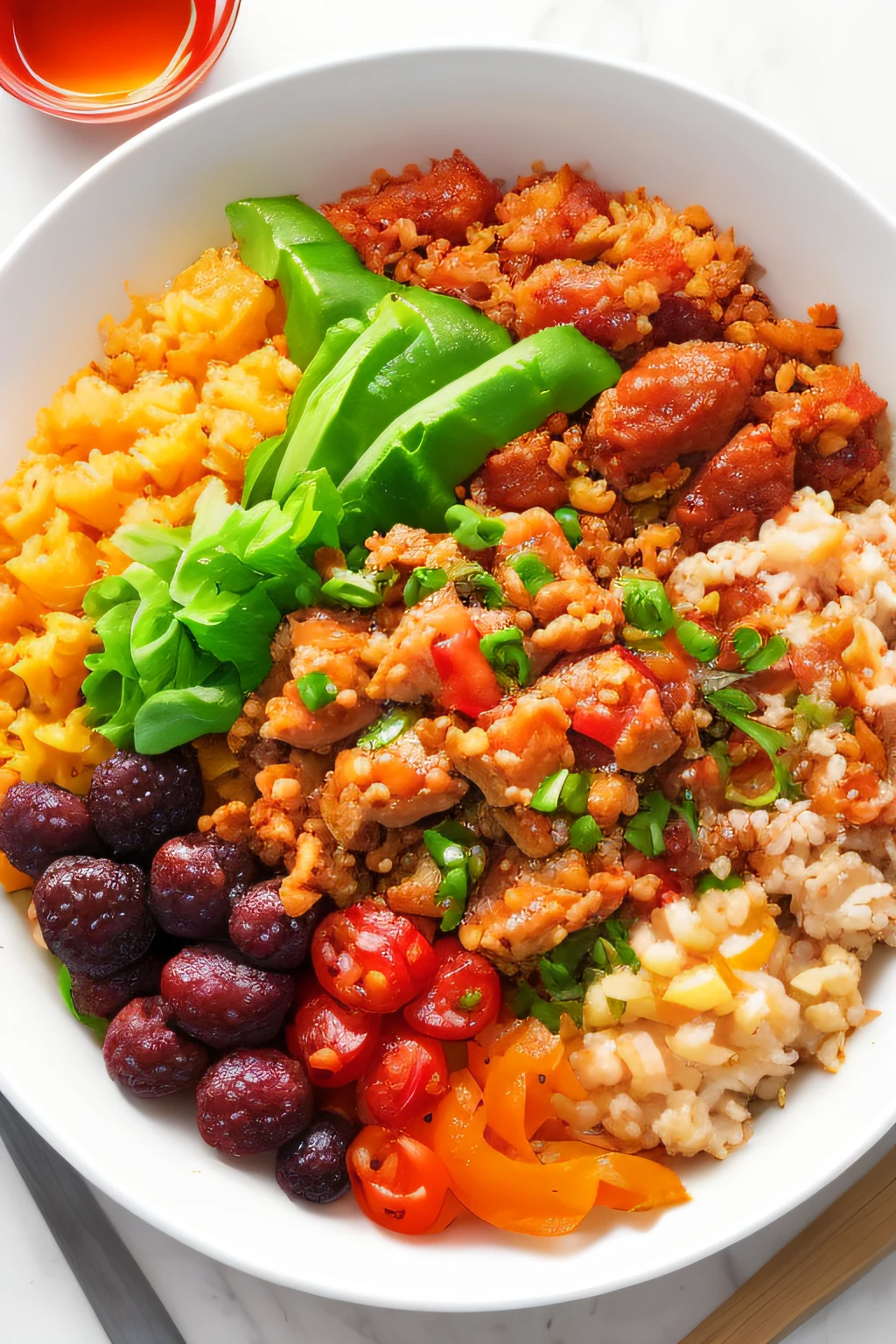 Draw a delicious-looking rice bowl dish, Use vibrant and appetizing ingredients, up photo, Colorful, Approached cooking