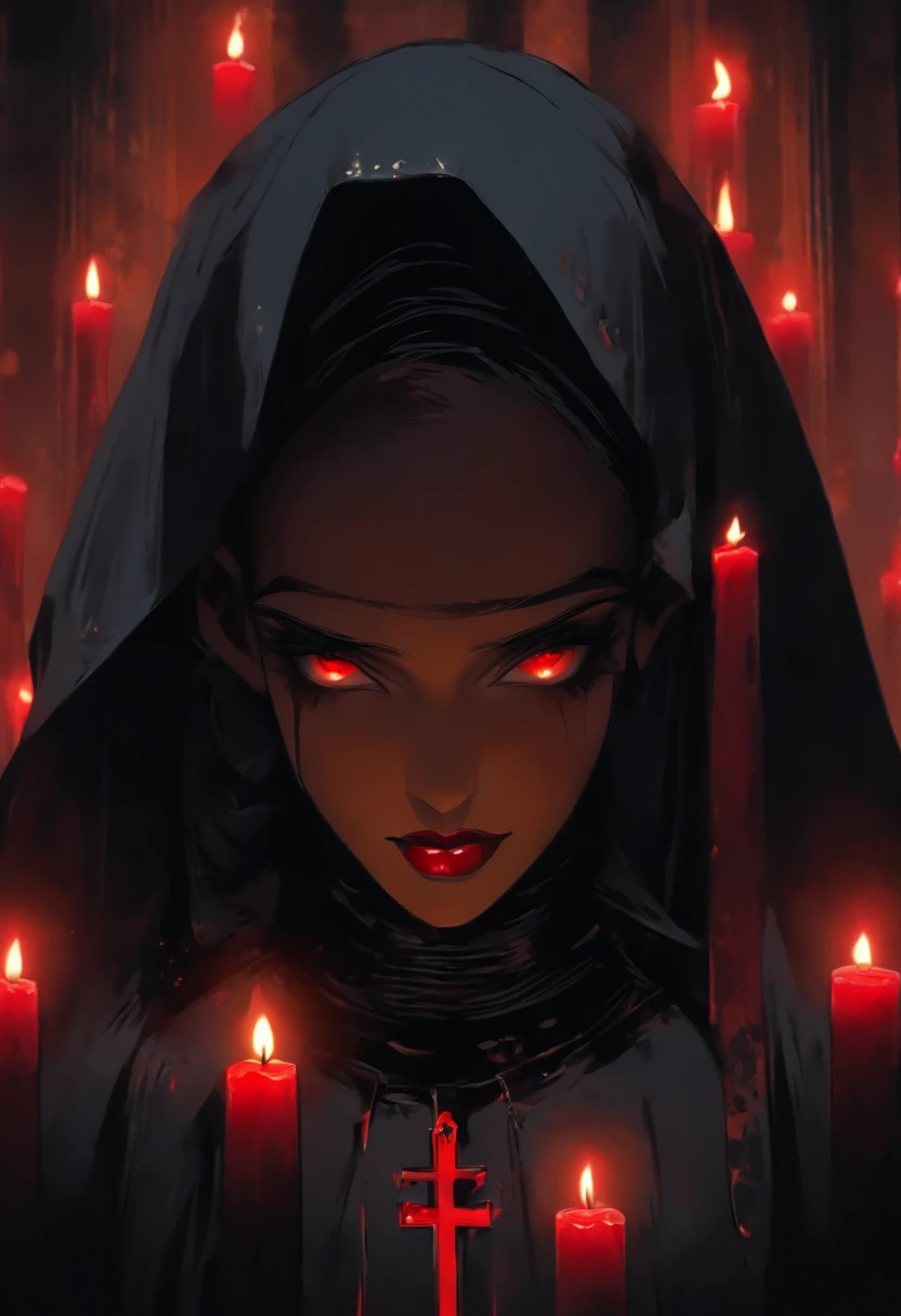 (sexy gothic demonic nun), dark, mysterious, enchanting, hauntingly beautiful, (detailed facial features, piercing eyes, dark red lips), black flowing robes, cross necklace, sensual, alluring pose, (candlelit backdrop, ominous atmosphere), (best quality, highres, ultra-detailed), (gothic art, oil painting, dark fantasy), (dramatic lighting, shadows, ethereal glow), (black and red color scheme, intense contrast), (beautifully composed, intricate details), (evokes a sense of desire and forbidden allure).