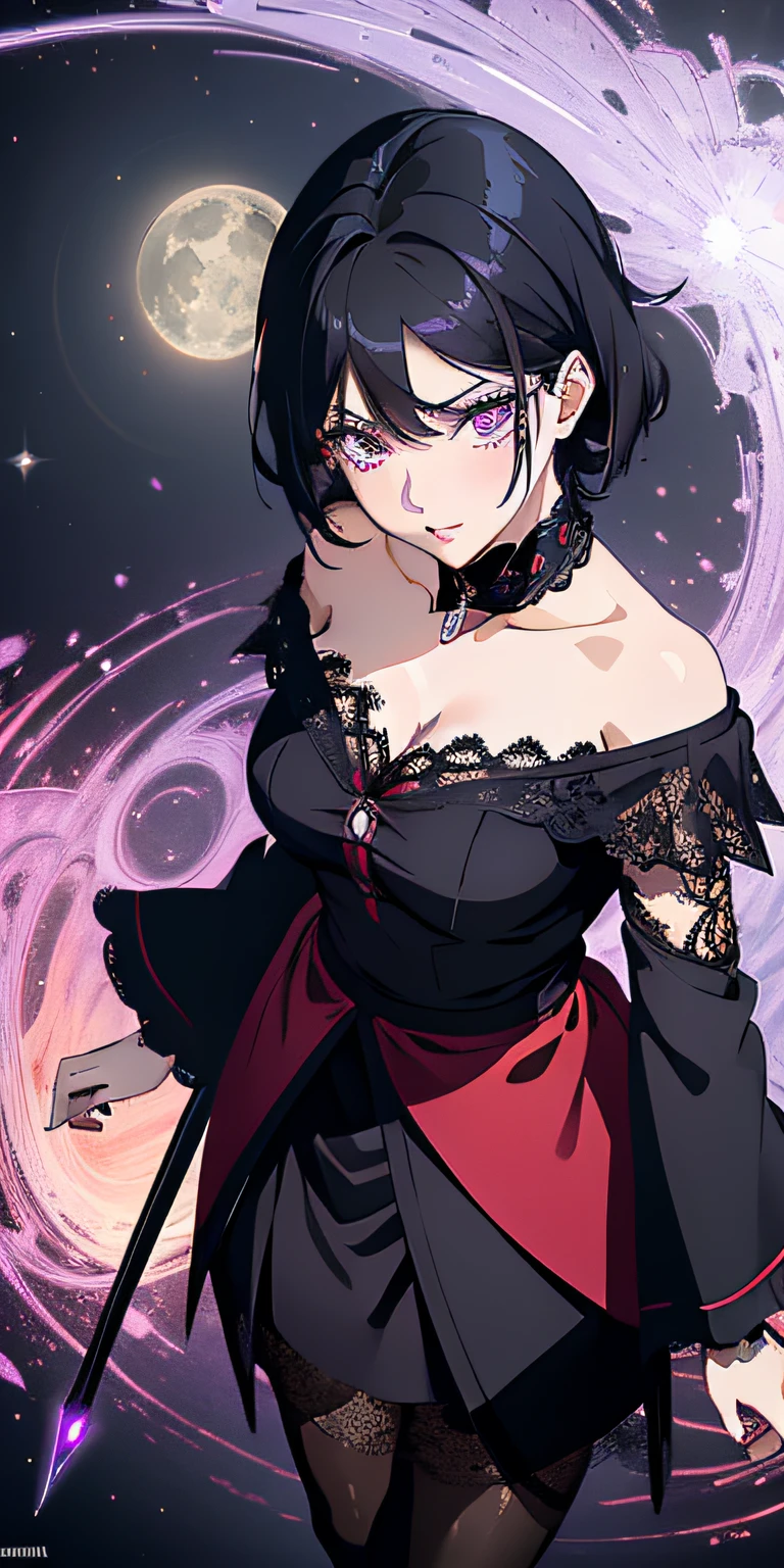 masterpiece, best quality, ultra-detailed, illustration,(1girl),beautiful detailed eyes, Sarada Uchiha, looking at viewer, close up, (breast focus), (arms behind back:1.2), (from above:1.1), black hair, black lace top, high neck lace, black lace covered shoulders, small breasts, (off shoulder:1.1), lace robe, caster robes, lace stockings, lace arm sleeves,glowing eyes, purple eyes, Red Tulle coat  random pantyhose, black hair, purple eyes, Rennegan eyes, shining eyes, Wizard staff in hand, elegant staff, Wizard wand, Fairy wand, detailed wizard staff, giant moon in background