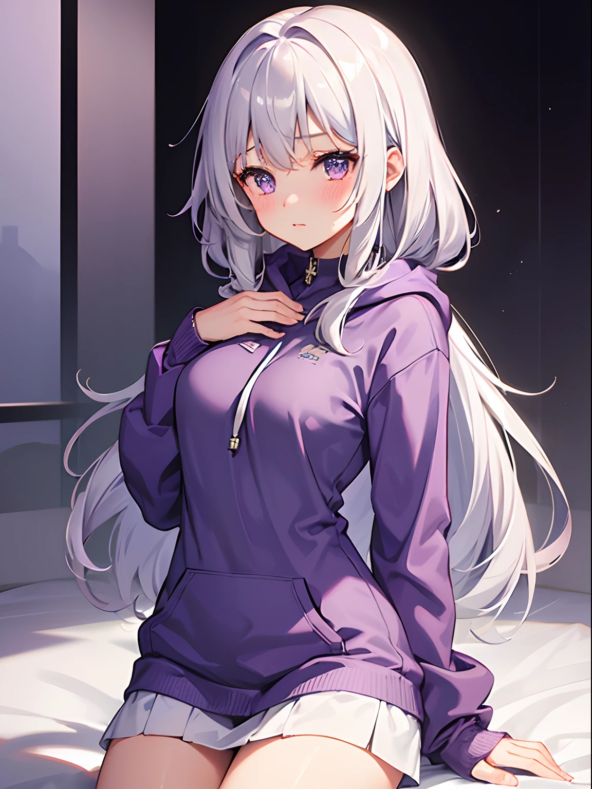 1girl , Silver medium hair, purple eyes, cute, blush, medium breasts, oversize hoodie