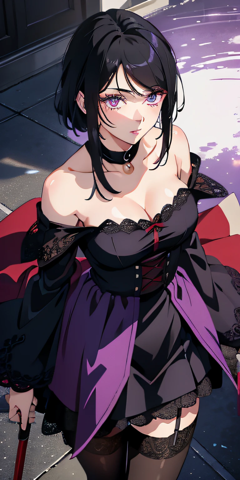 masterpiece, best quality, ultra-detailed, illustration,(1girl),beautiful detailed eyes, Sarada Uchiha, looking at viewer, close up, (breast focus), (arms behind back:1.2), (from above:1.1), black hair, black lace top, high neck lace, black lace covered shoulders, small breasts, (off shoulder:1.1), lace robe, caster robes, lace stockings, lace arm sleeves,glowing eyes, purple eyes, Red Tulle coat random pantyhose, black hair, purple eyes, Rennegan eyes, shining eyes, Wizard staff in hand, elegant staff, Wizard wand, Fairy wand, detailed wizard staff