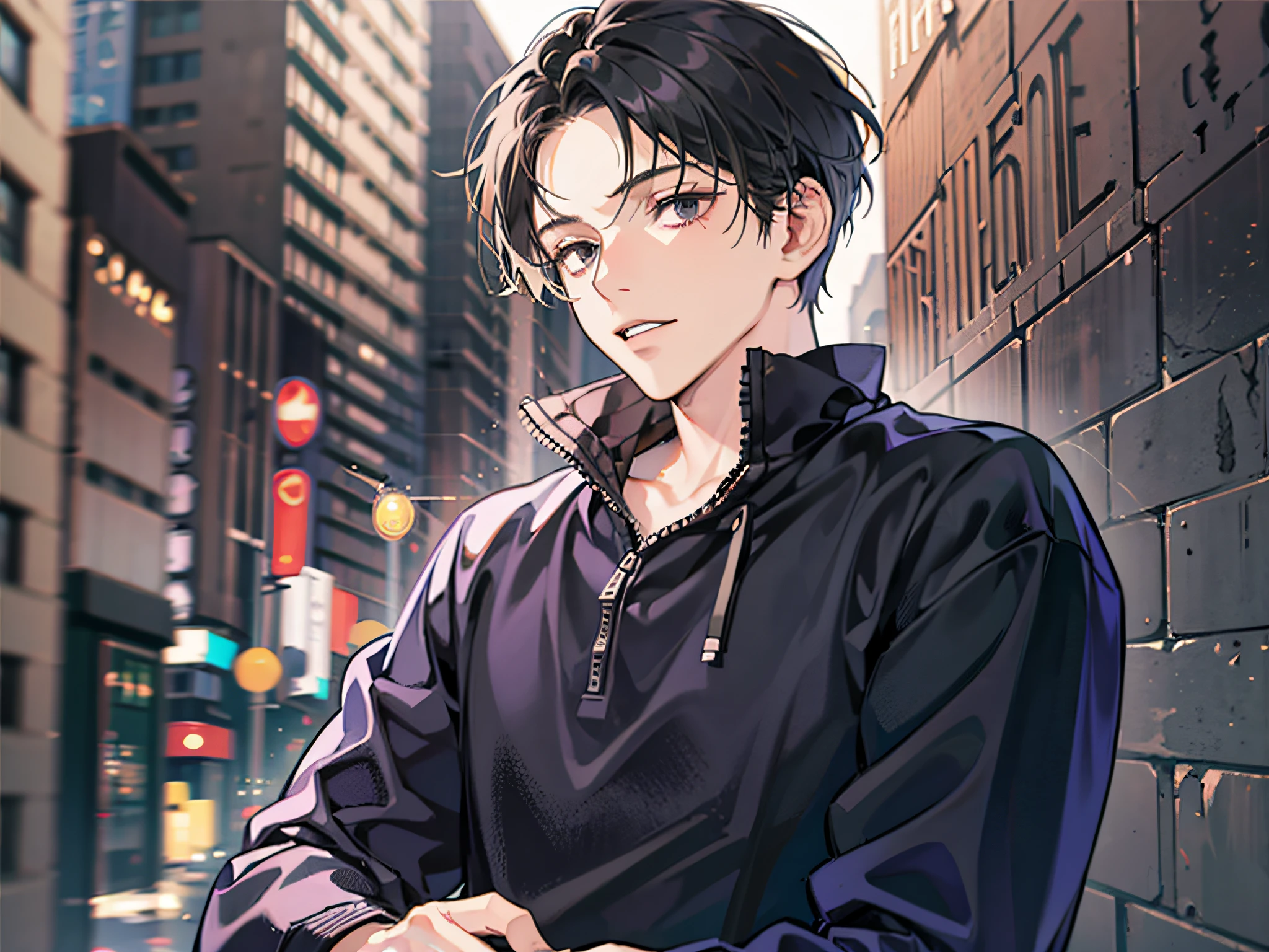 masutepiece, Detailed picture,Single male,late 20s age, The upper part of the body, A dark-haired, Black eyes, gloom, Wearing a sweatshirt, The background is the city
