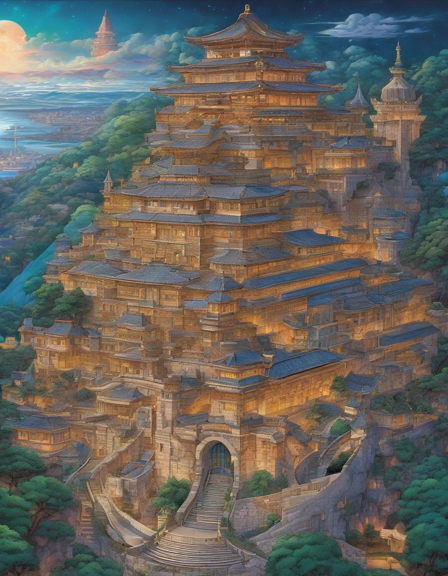 Alien age, Curved architecture, Translucent metal for architectural shapes, Castle, Aerial view, nighttime scene, Fantasy art, The art of Clémilton Barbosa, Intricate details, 16k