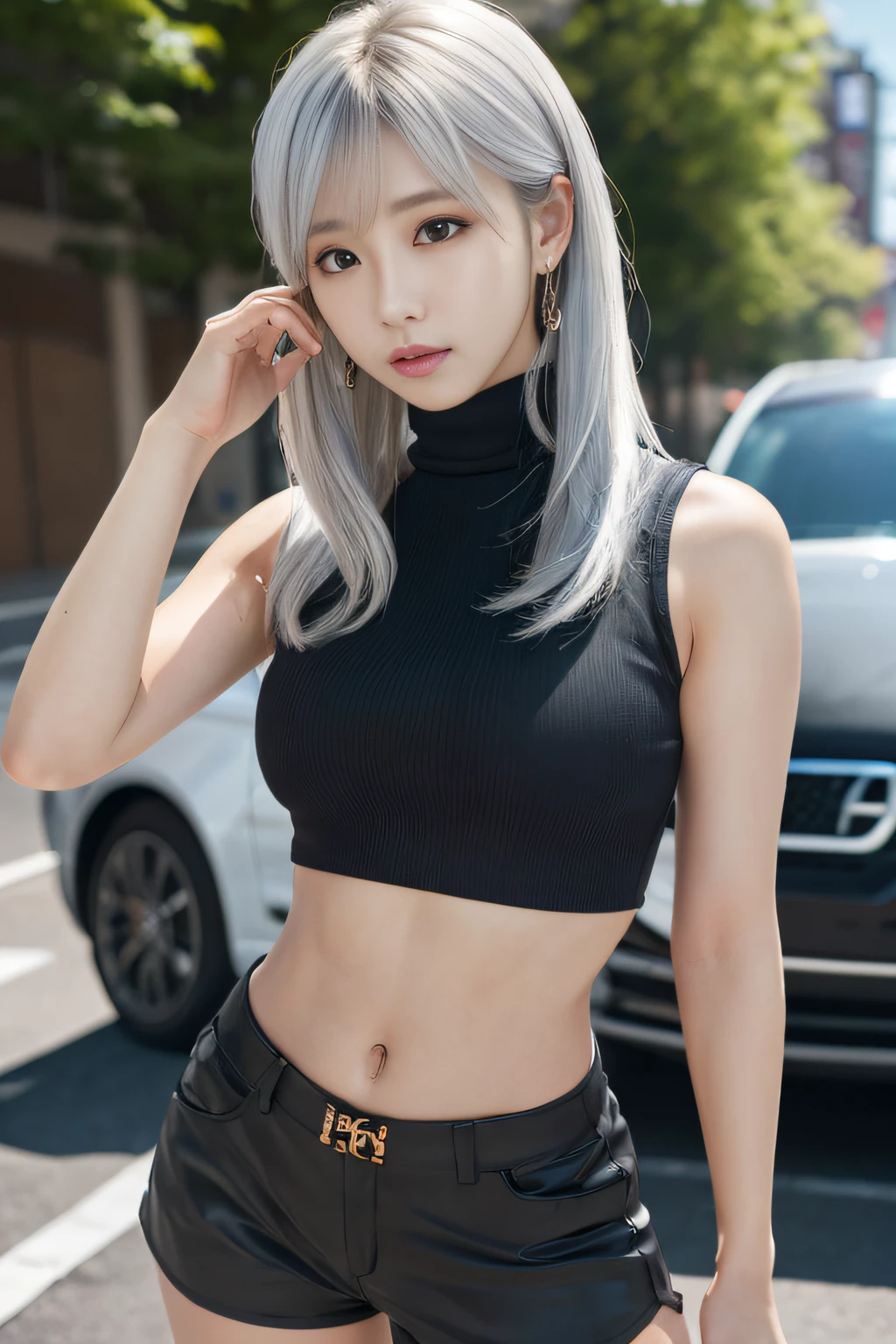 (8K, Raw photo, Best Quality, masutepiece:1.2), (Realistic, Photorealsitic:1.37), 1girl in,(Kpop Idol), Cute, Professional Lighting, Photon mapping, Radio City, Physically-based rendering, Black jacket, Black shirt, Black shorts, Blue eyes, Blunt bangs, cleavage cutout, Clothes Cutout, croptop, eyeshadows, Gradient Hair, Grey Hair, hair rings, White hair, multicolored hair, Navel, Shirt, Shorts, Sleeveless, sleeveless turtleneck, Sleeveless Turtleneck Crop Top, Stomach, turtle neck, Turtleneck Crop Top, Two-tone hair