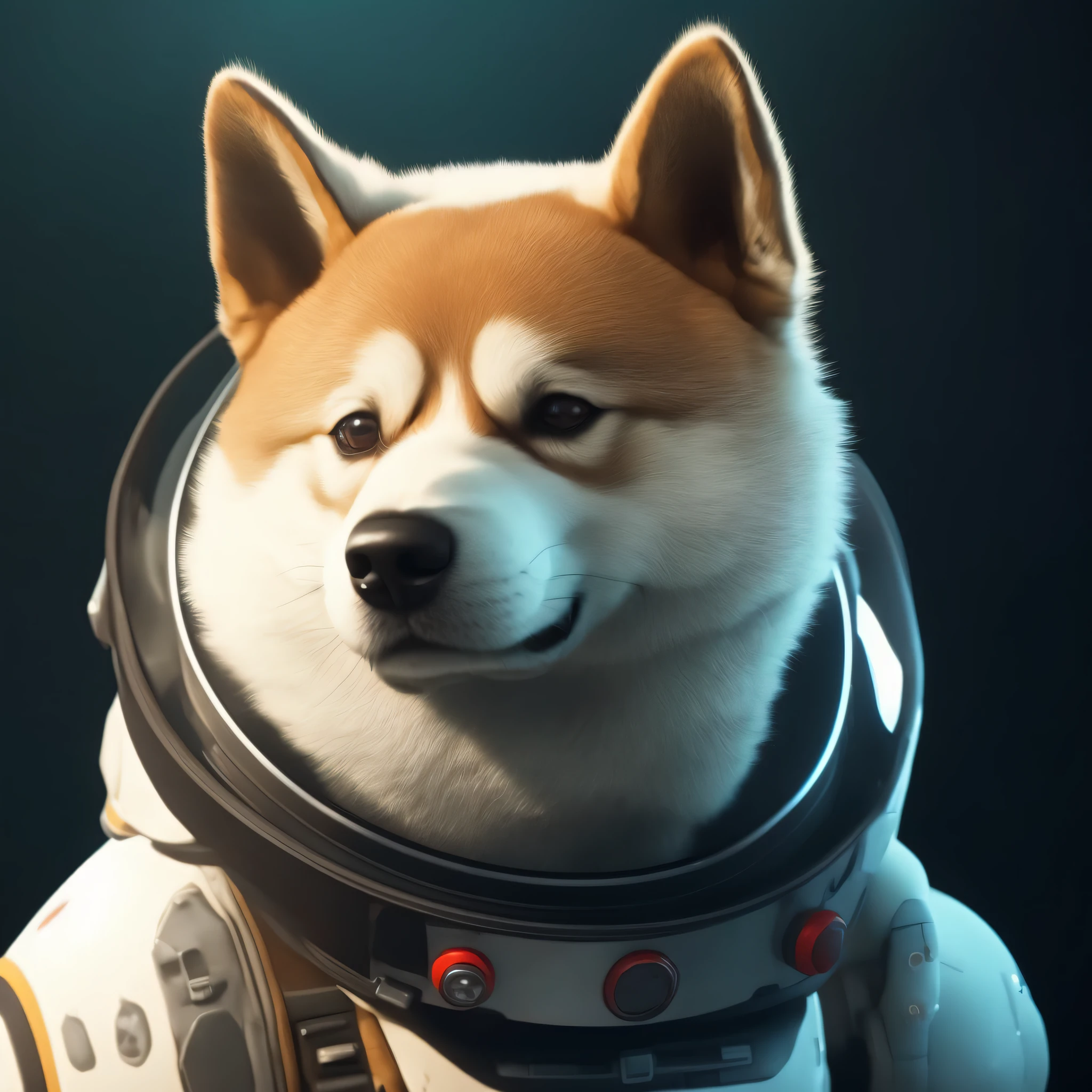 Arad dog in spacesuit and helmet on black background, shiba inu cosmonaut, shiba inu cosmonaut portrait, dog in a space suite, governor, corgi cosmonaut, wojtek fus, corgis in no man's sky, doge meme, Anthropomorphic Shiba Inu, inspired by Scott Listfield