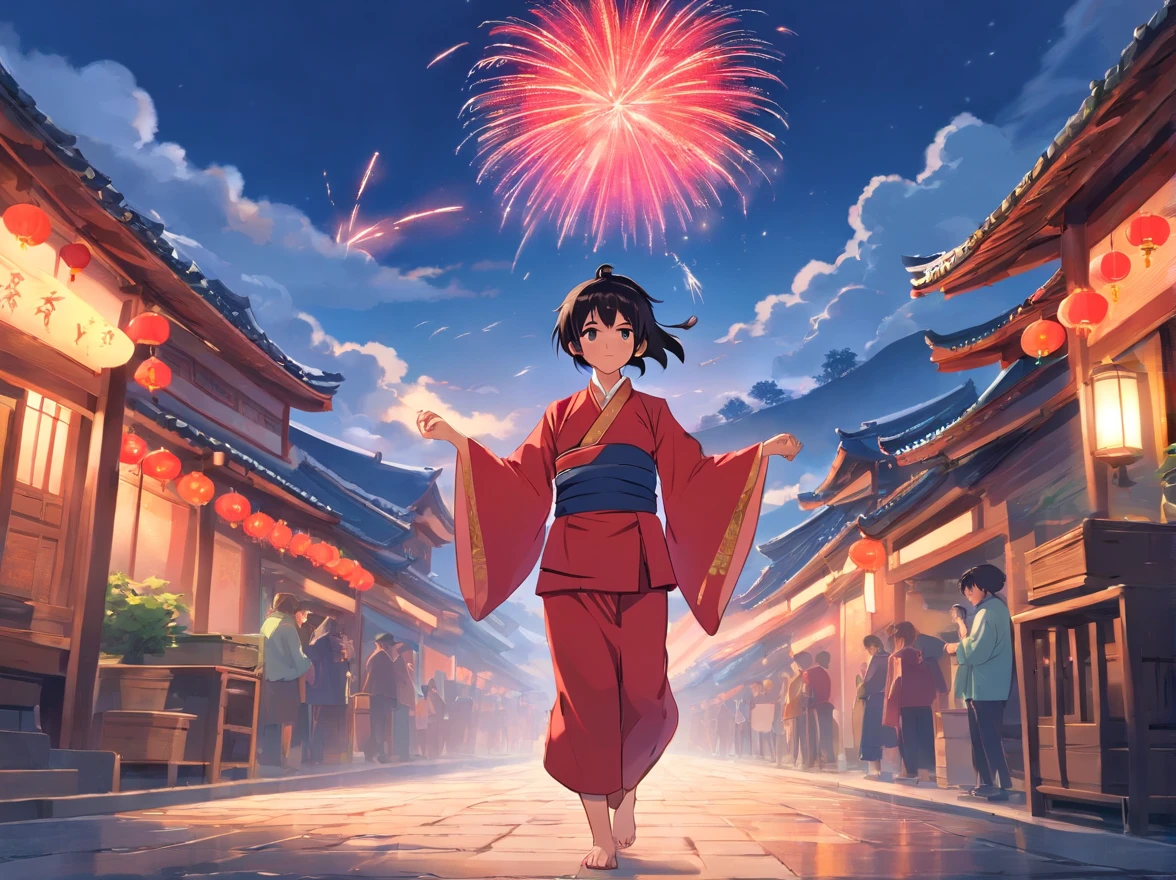 Picture book characters、The weather in China is sunny,Zhuang village in the background、Playing、Bright atmosphere、Handsome 15 year old boy in red Zhuang costume with black hair、With a red firecracker、dressed in:Zhuang costumes