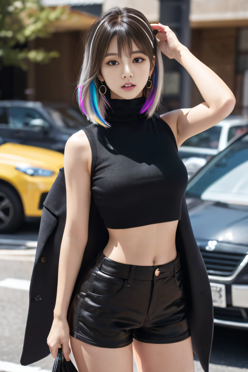 (8K, Raw photo, Best Quality, masutepiece:1.2), (Realistic, Photorealsitic:1.37), 1girl in,(Kpop Idol), Cute, Professional Lighting, Photon mapping, Radio City, Physically-based rendering, Black jacket, Black shirt, Black shorts, Blue eyes, Blunt bangs, cleavage cutout, Clothes Cutout, croptop, eyeshadows, Gradient Hair, Grey Hair, hair rings, White hair, multicolored hair, Navel, Shirt, Shorts, Sleeveless, sleeveless turtleneck, Sleeveless Turtleneck Crop Top, Stomach, turtle neck, Turtleneck Crop Top, Two-tone hair